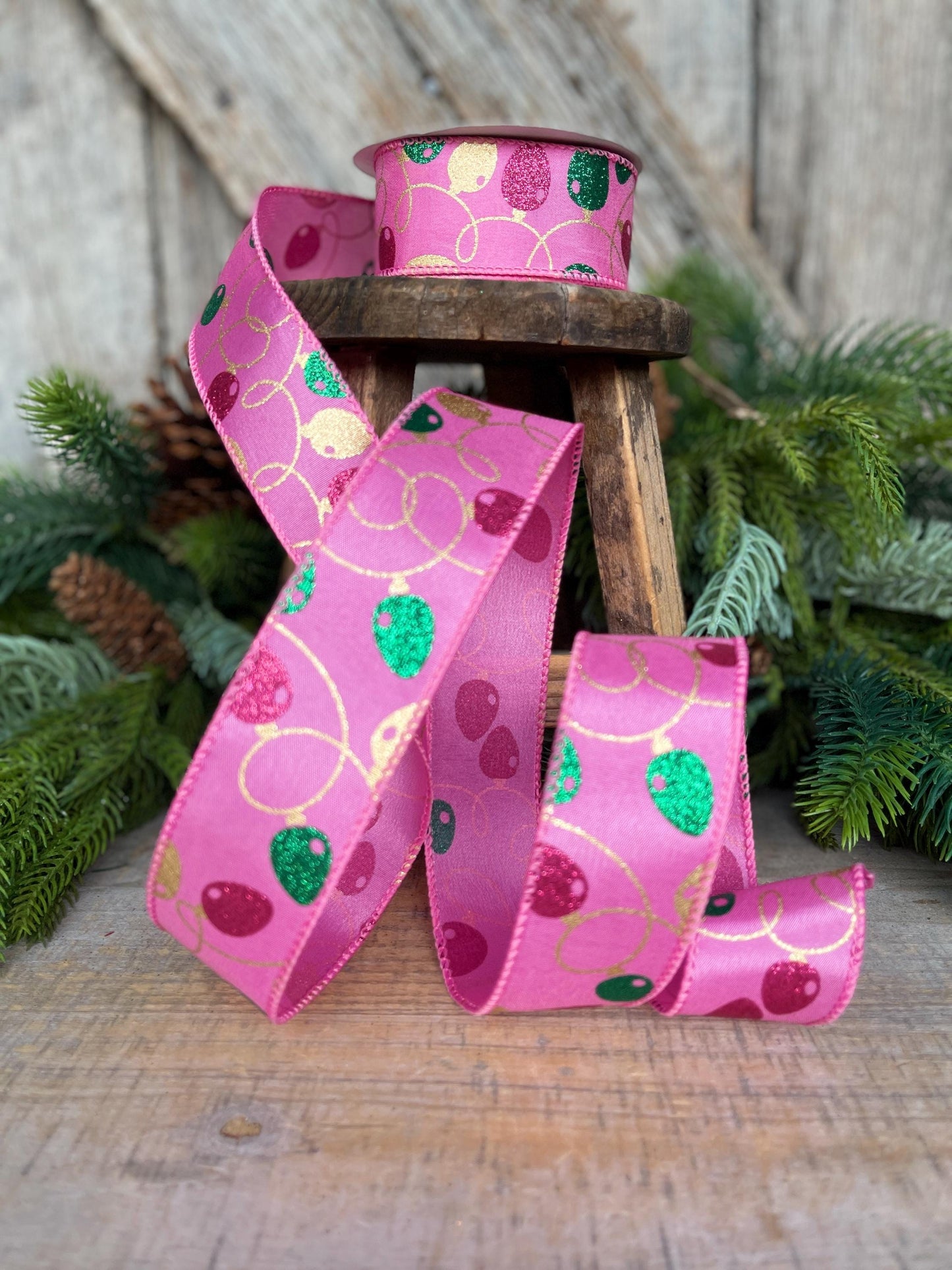 1.5" Pink Christmas Ribbon, Christmas Lights Ribbon, Bubblegum Pink Ribbon, vintage christmas lights, Christmas tree ribbon, 72506-09-44