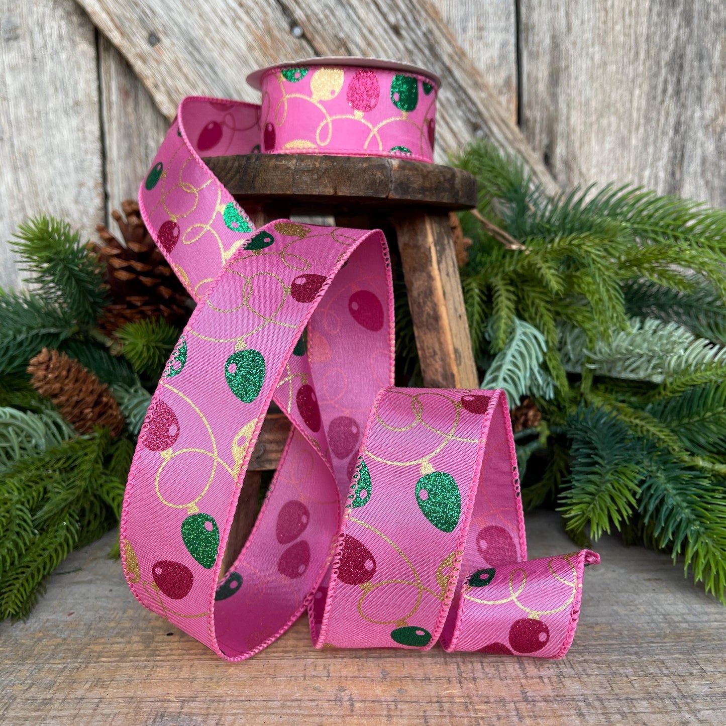 1.5" Pink Christmas Ribbon, Christmas Lights Ribbon, Bubblegum Pink Ribbon, vintage christmas lights, Christmas tree ribbon, 72506-09-44