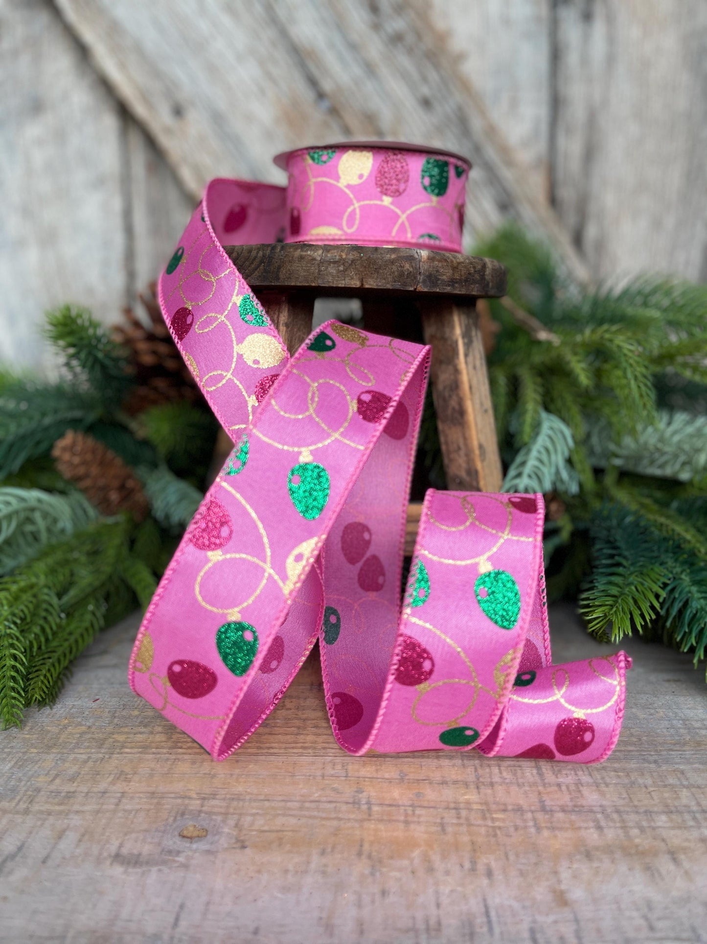 1.5" Pink Christmas Ribbon, Christmas Lights Ribbon, Bubblegum Pink Ribbon, vintage christmas lights, Christmas tree ribbon, 72506-09-44