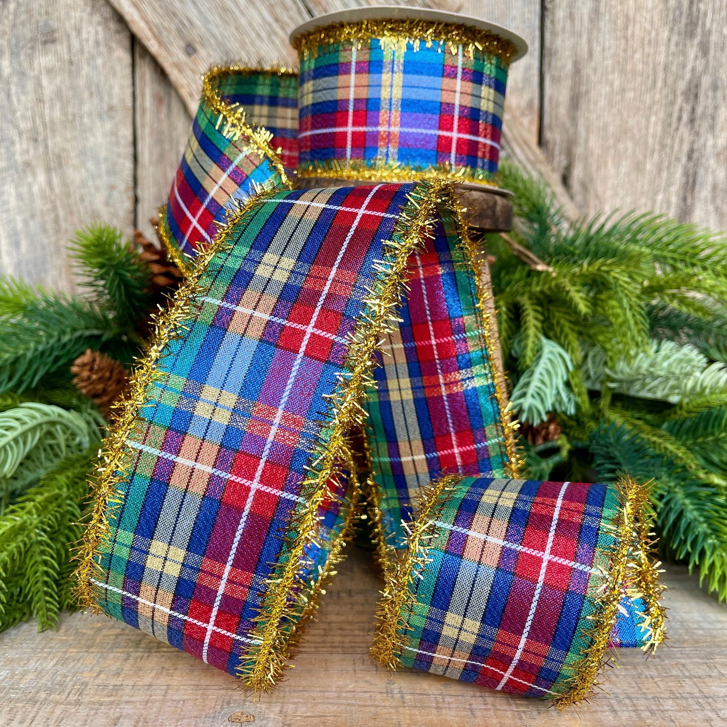 2.5" Blue Metallic Christmas Plaid Ribbon, Plaid Ribbon, Red Blue Green Gold Georgina Plaid Ribbon
