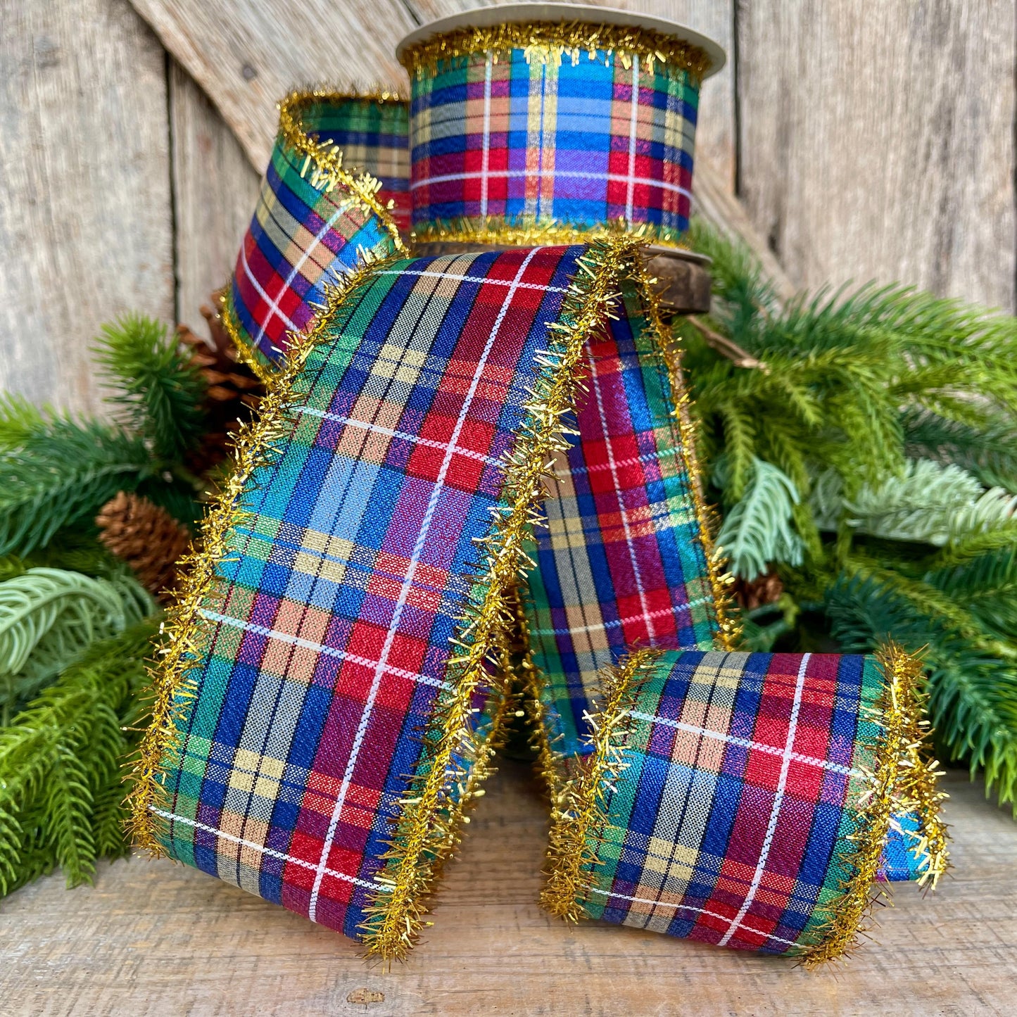 2.5" Blue Metallic Christmas Plaid Ribbon, Plaid Ribbon, Red Blue Green Gold Georgina Plaid Ribbon