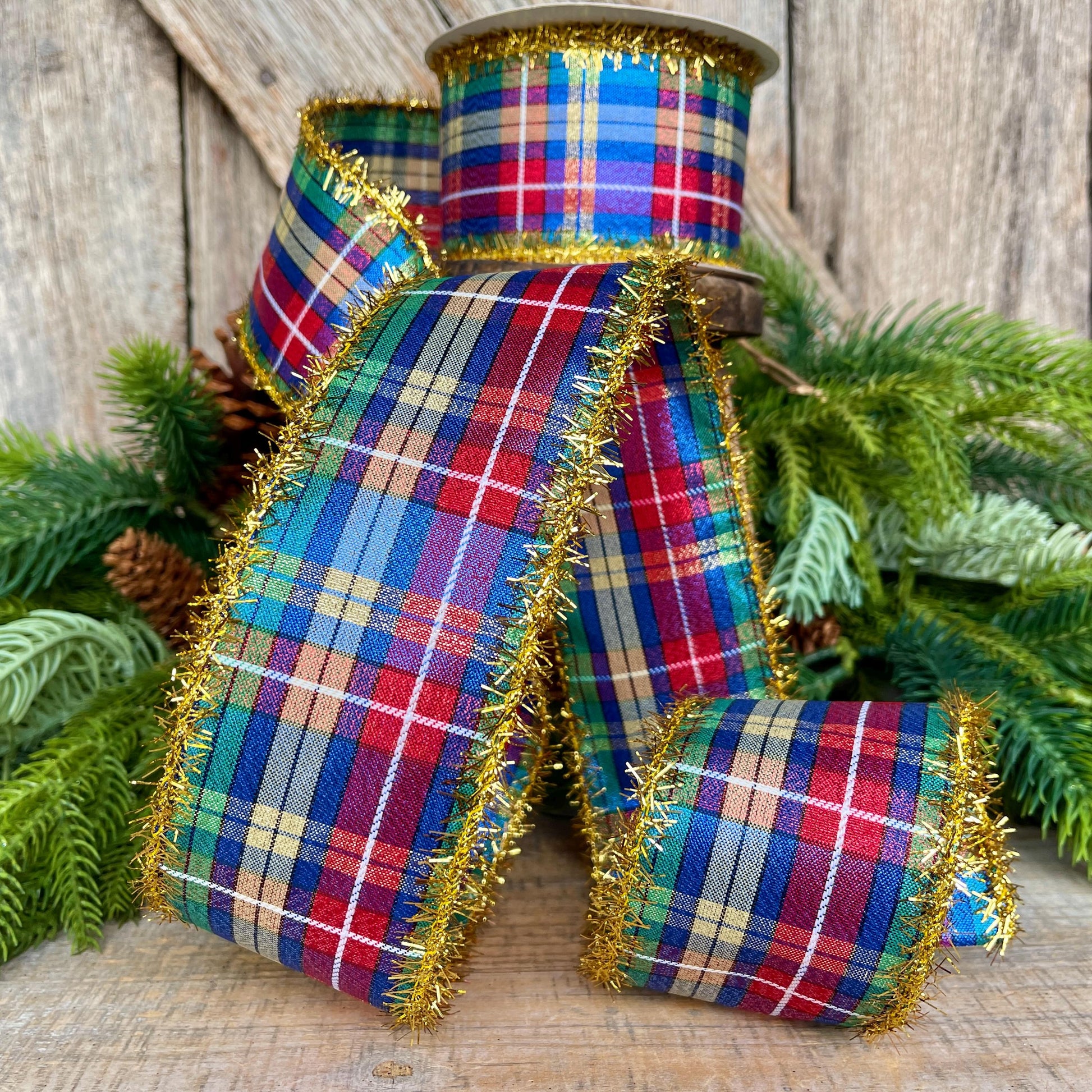 2.5" Blue Metallic Christmas Plaid Ribbon, Plaid Ribbon, Red Blue Green Gold Georgina Plaid Ribbon