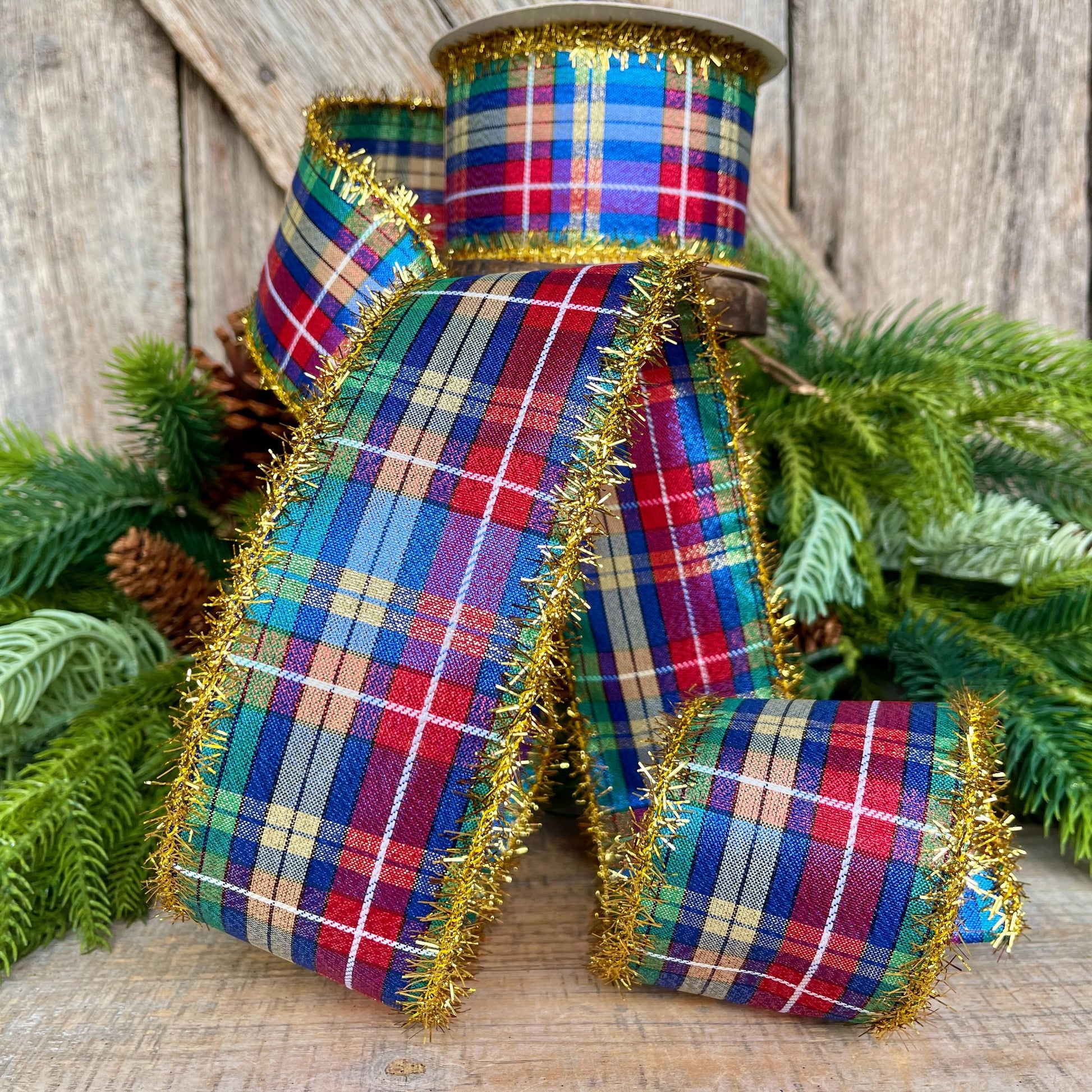 2.5" Blue Metallic Christmas Plaid Ribbon, Plaid Ribbon, Red Blue Green Gold Georgina Plaid Ribbon