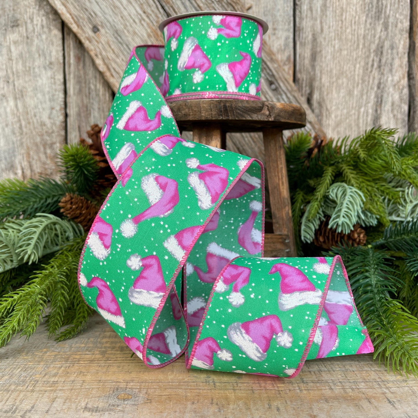 2.5" Pink Santa Hat Ribbon, Mint & Pink Ribbon, Christmas Ribbon, Mint Green Ribbon, Pink Santa Ribbon, 72501-40-06, Christmas Tree Ribbon