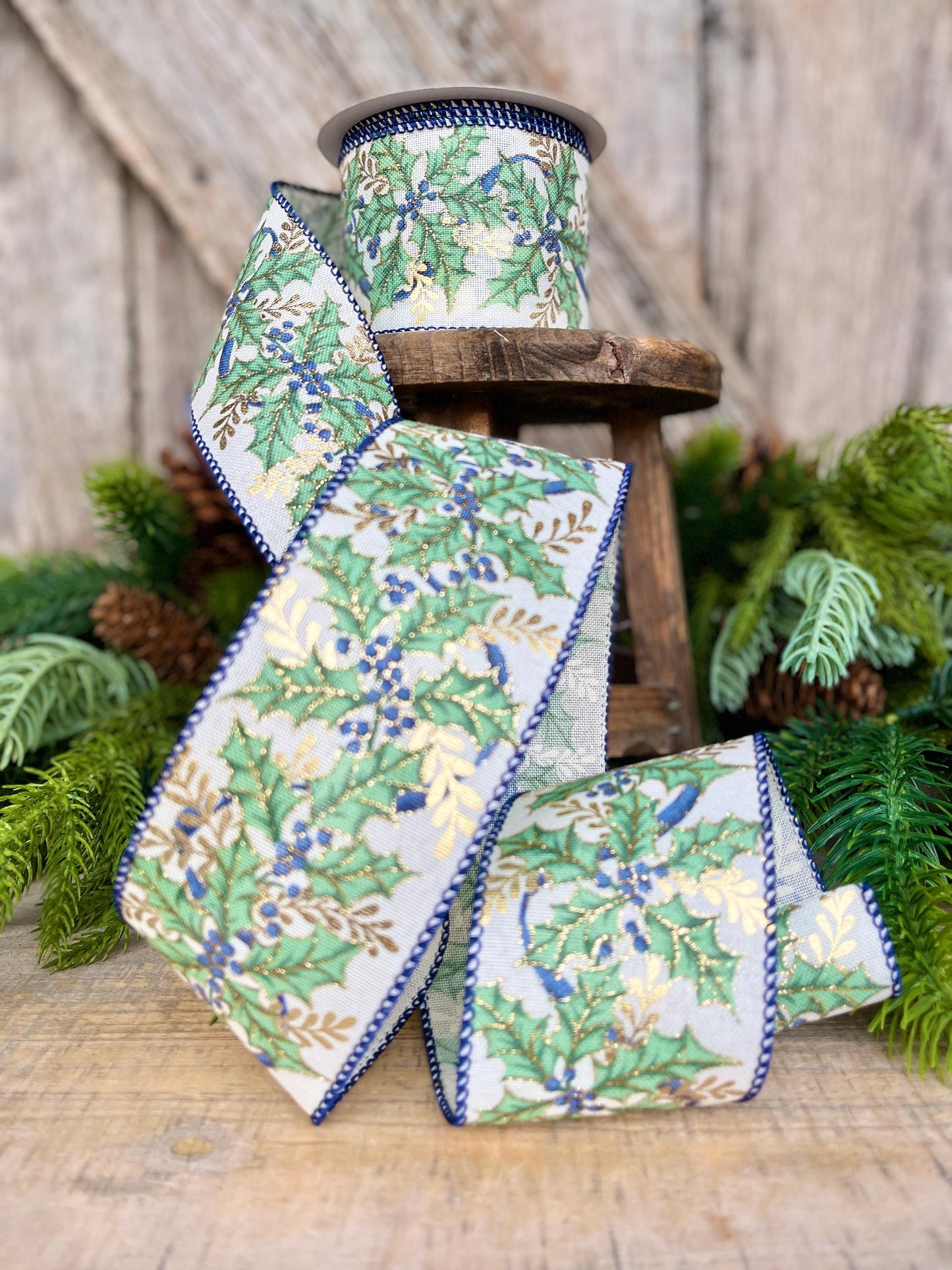 2.5" Holly Leaf Ribbon, Blueberry Pine Ribbon, Wired Ribbon, Christmas Ribbon, Woodsy Ribbon, 72554-40-05