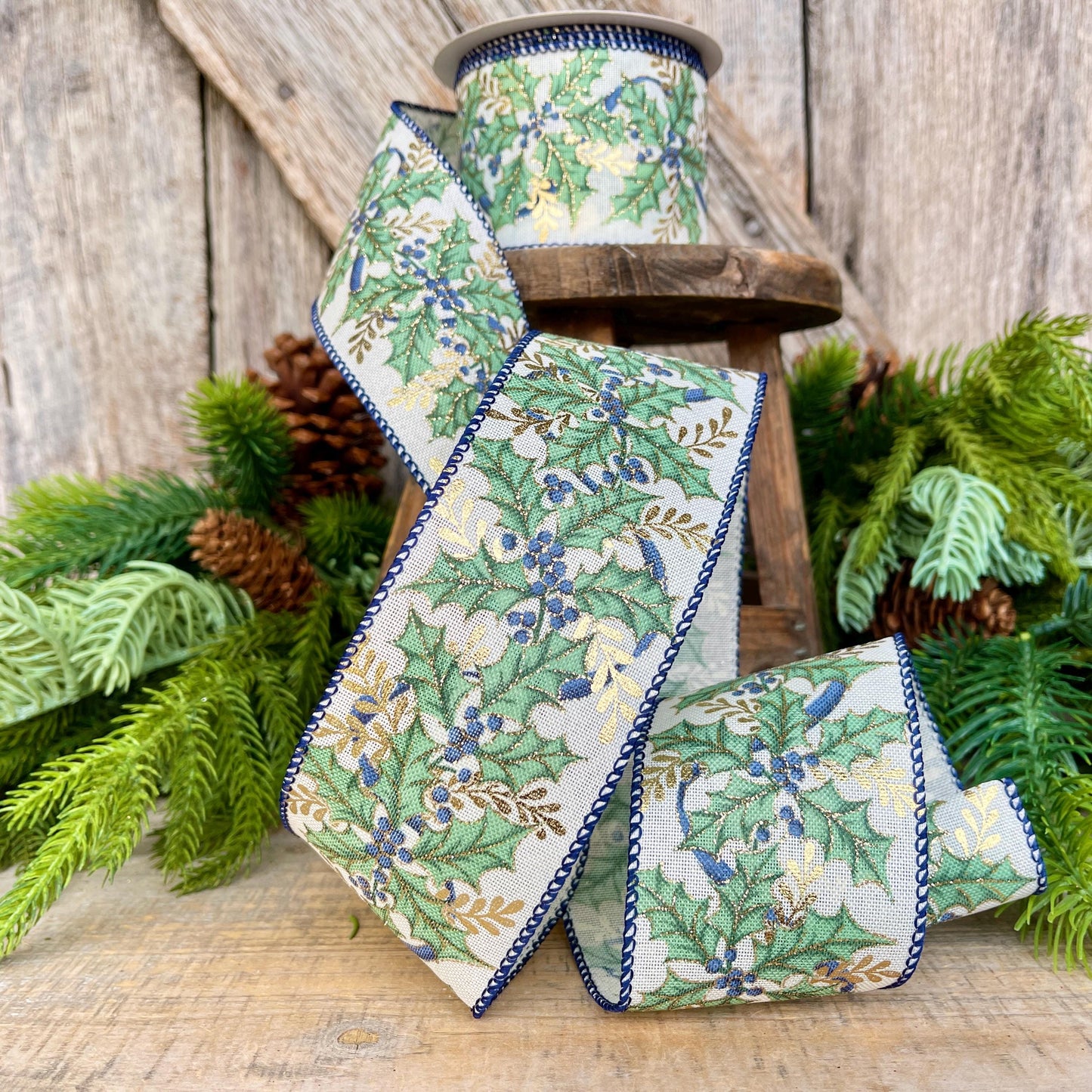 2.5" Holly Leaf Ribbon, Blueberry Pine Ribbon, Wired Ribbon, Christmas Ribbon, Woodsy Ribbon, 72554-40-05