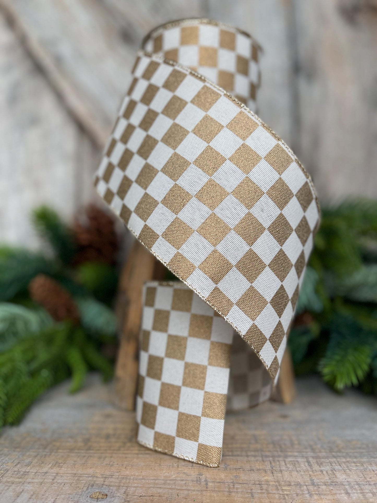 4" Gold Check Ribbon, Christmas Ribbon, Gold Ribbon, Checkered Ribbon, Christmas Tree Ribbon, Retro Check, 73553-04-15