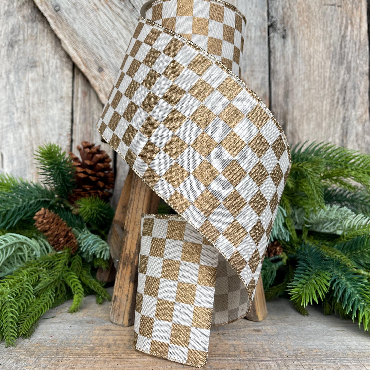 4" Gold Check Ribbon, Christmas Ribbon, Gold Ribbon, Checkered Ribbon, Christmas Tree Ribbon, Retro Check, 73553-04-15