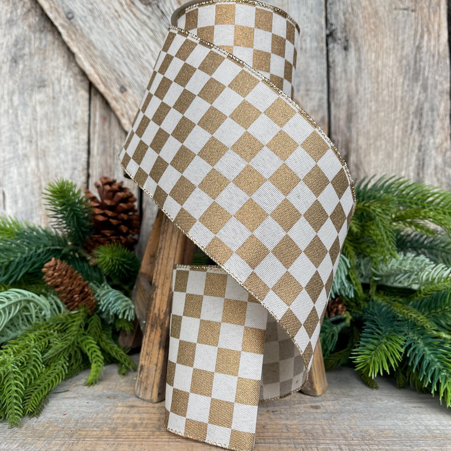 4" Gold Check Ribbon, Christmas Ribbon, Gold Ribbon, Checkered Ribbon, Christmas Tree Ribbon, Retro Check, 73553-04-15
