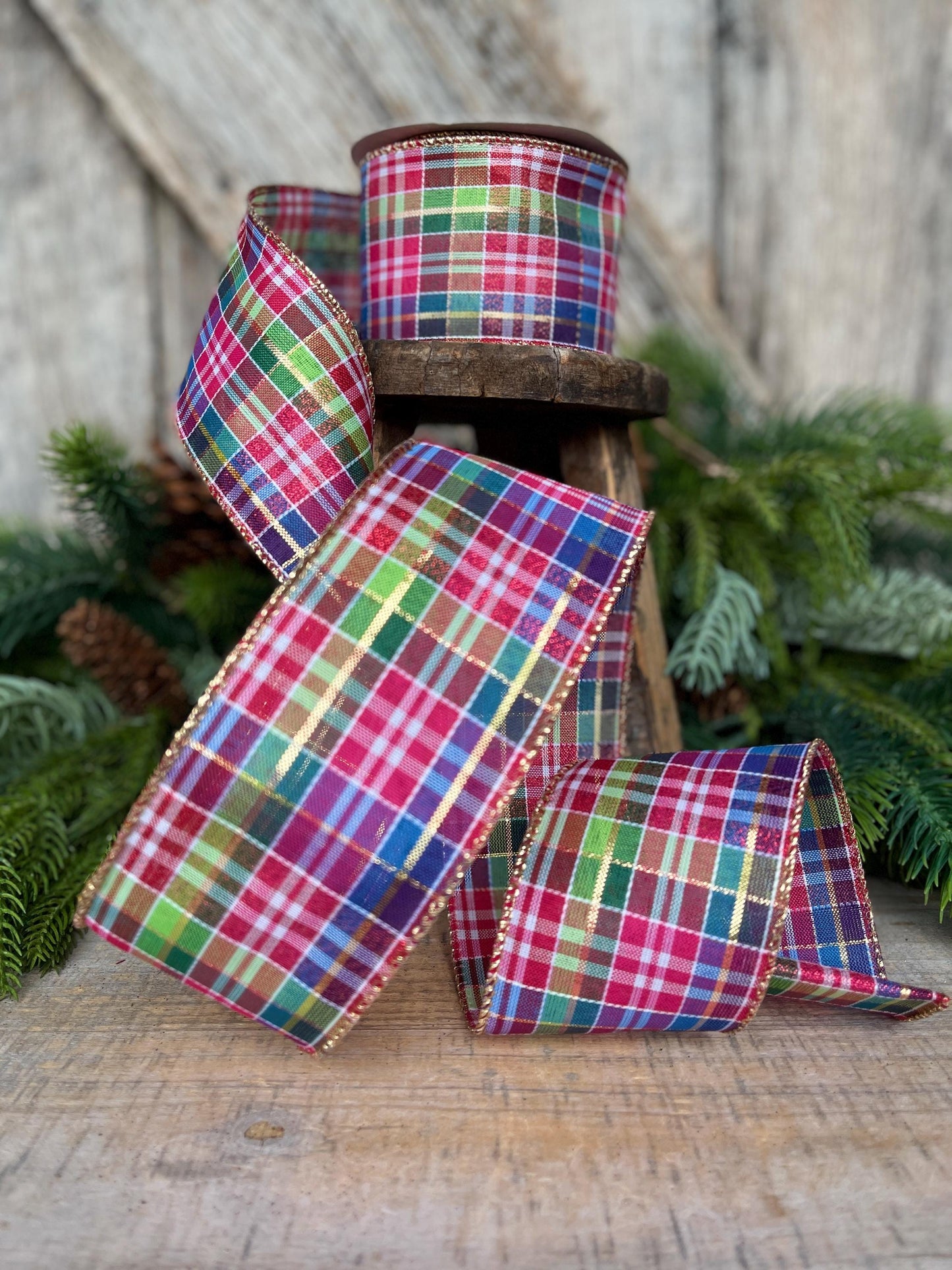 2.5" Pink Christmas Plaid Ribbon, Bright Christmas Plaid Ribbon, Pink Blue Christmas Plaid
