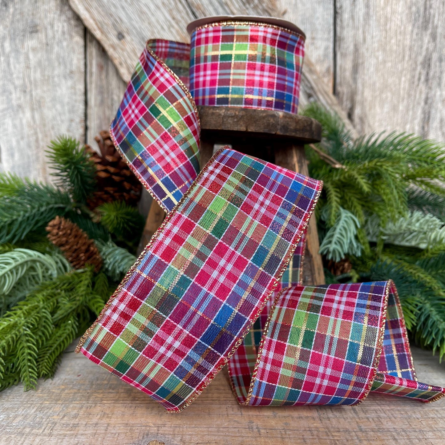 2.5" Pink Christmas Plaid Ribbon, Bright Christmas Plaid Ribbon, Pink Blue Christmas Plaid