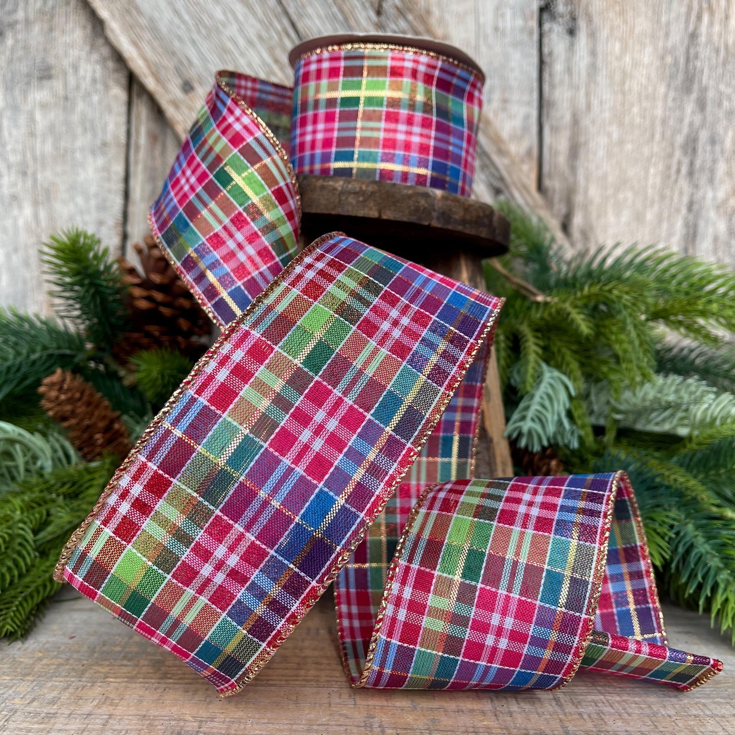 2.5" Pink Christmas Plaid Ribbon, Bright Christmas Plaid Ribbon, Pink Blue Christmas Plaid