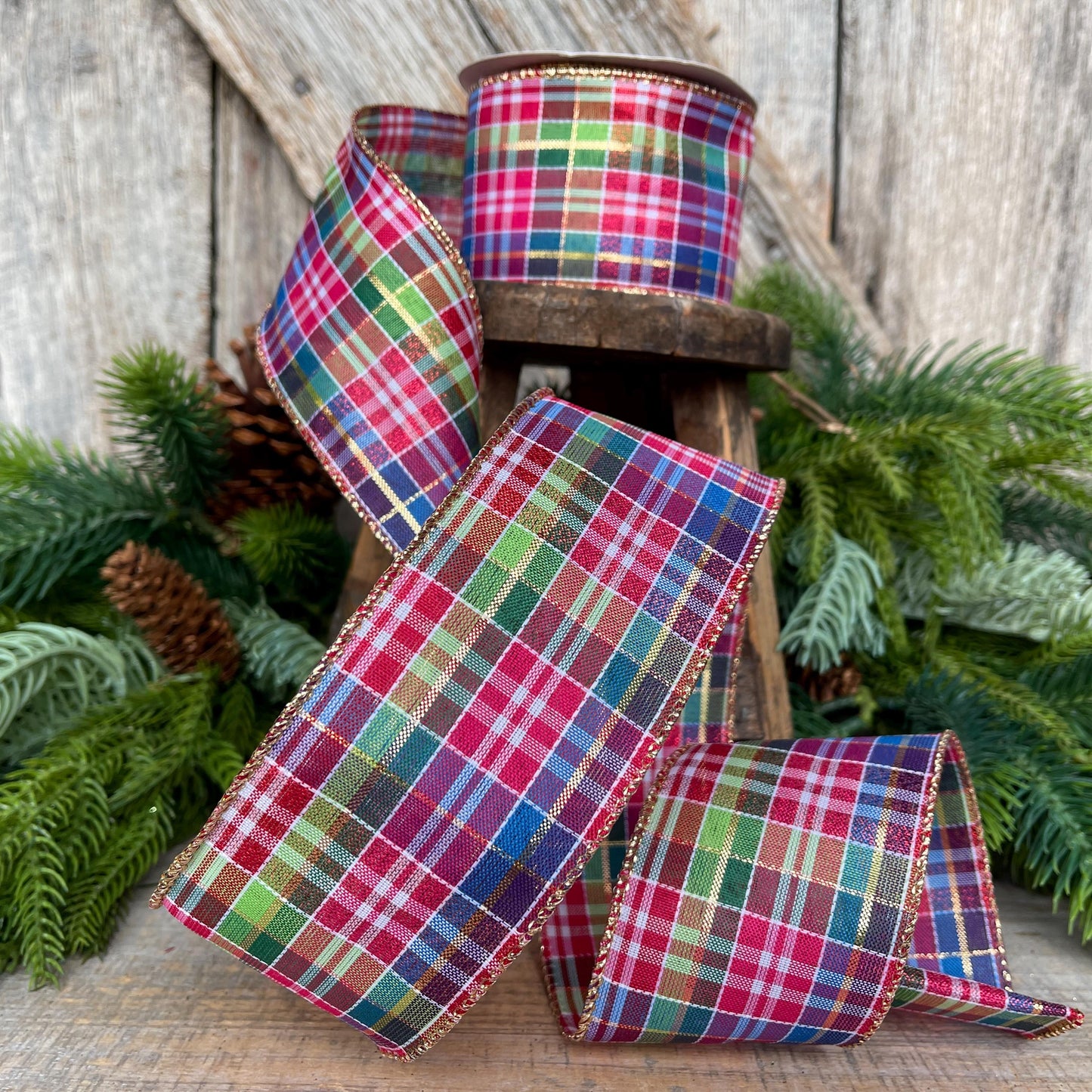 2.5" Pink Christmas Plaid Ribbon, Bright Christmas Plaid Ribbon, Pink Blue Christmas Plaid