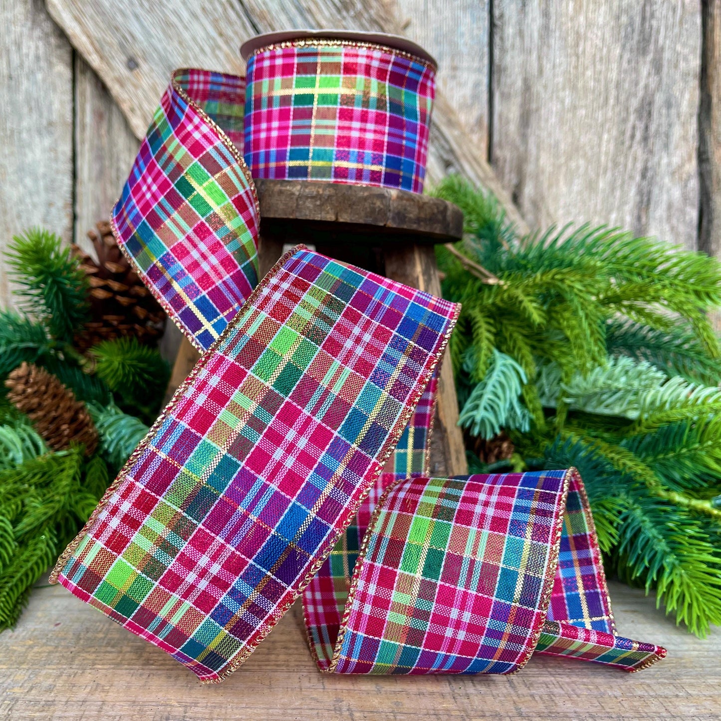2.5" Pink Christmas Plaid Ribbon, Bright Christmas Plaid Ribbon, Pink Blue Christmas Plaid