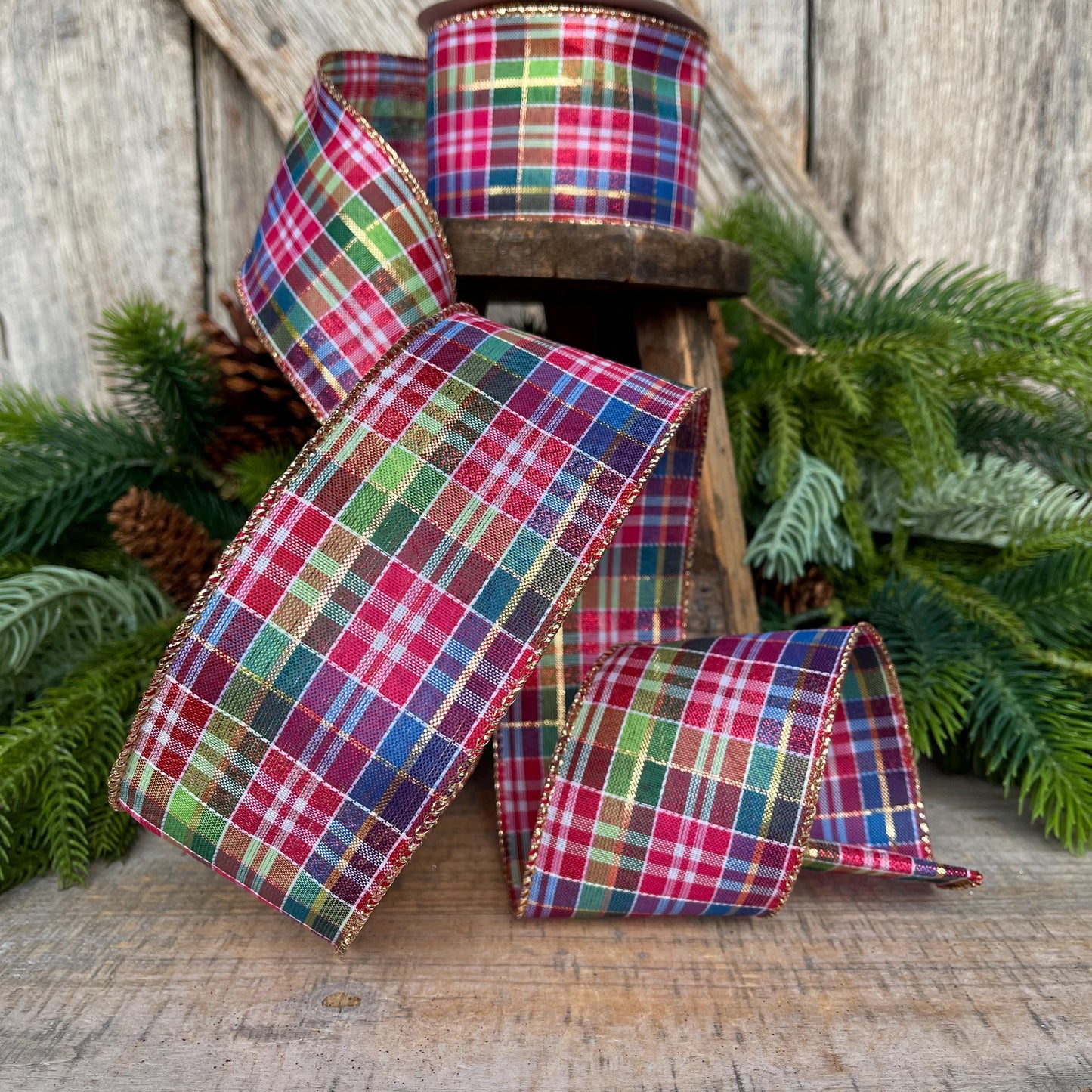 2.5" Pink Christmas Plaid Ribbon, Bright Christmas Plaid Ribbon, Pink Blue Christmas Plaid