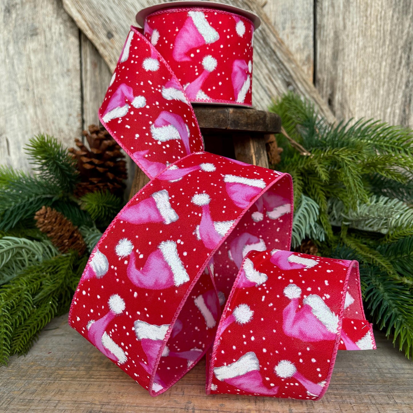 2.5" Pink Santa Hat Ribbon, Red & Pink Ribbon, Christmas Ribbon, Bubblegum Pink Ribbon, Pink Santa Ribbon, 72501-40-12
