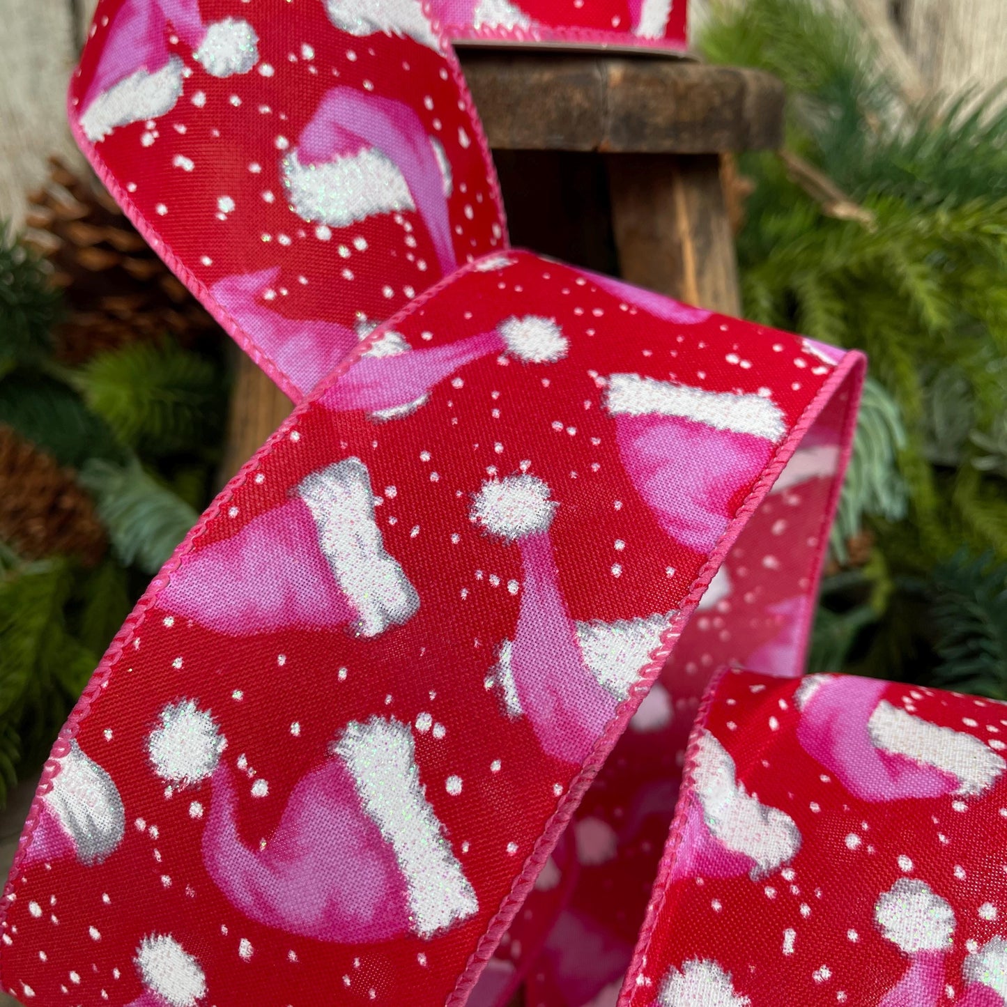 2.5" Pink Santa Hat Ribbon, Red & Pink Ribbon, Christmas Ribbon, Bubblegum Pink Ribbon, Pink Santa Ribbon, 72501-40-12