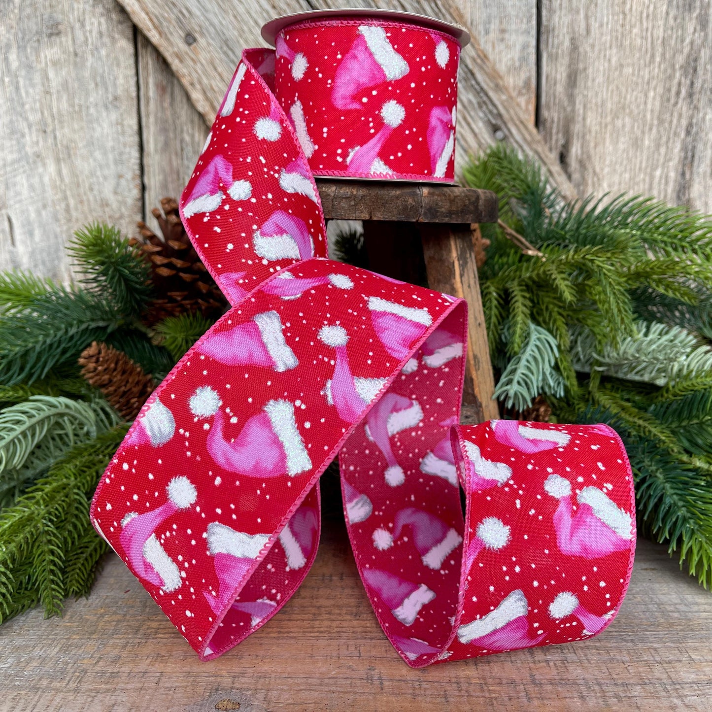2.5" Pink Santa Hat Ribbon, Red & Pink Ribbon, Christmas Ribbon