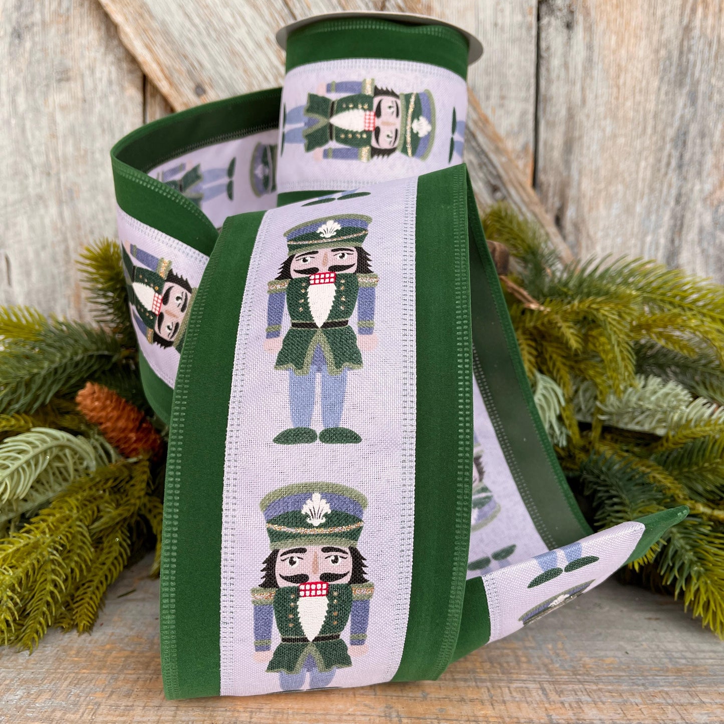 4" Nutcracker Ribbon, Christmas Nutcracker Decor, RIbbon with Nutcrackers, Green Velvet , Green & Blue Nutcracker Ribbon, 76528-04-07