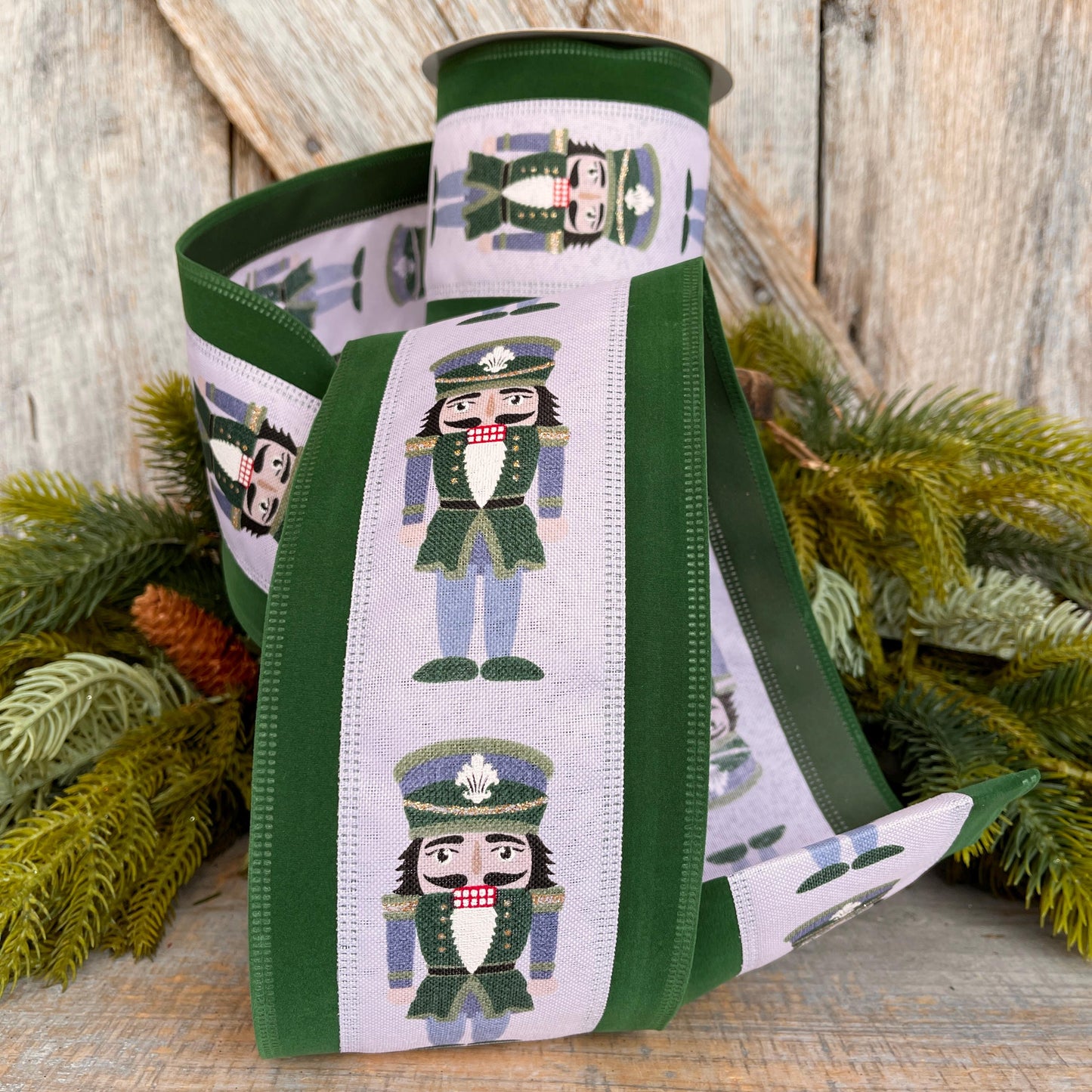 4" Nutcracker Ribbon, Christmas Nutcracker Decor, RIbbon with Nutcrackers, Green Velvet , Green & Blue Nutcracker Ribbon, 76528-04-07