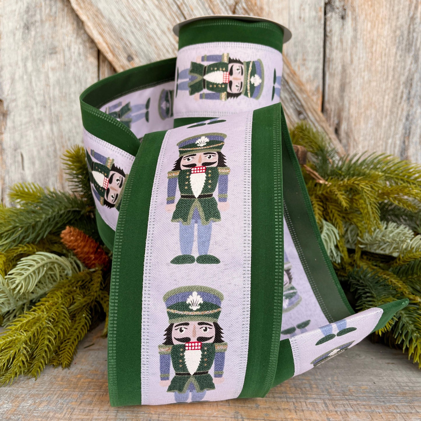 4" Nutcracker Ribbon, Christmas Nutcracker Decor, RIbbon with Nutcrackers, Green Velvet , Green & Blue Nutcracker Ribbon, 76528-04-07