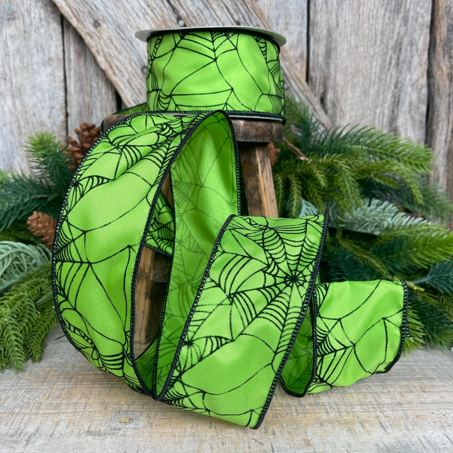 2.5" Lime Green Spooky Webs Ribbon, Farrisilk Ribbon, Halloween Ribbon
