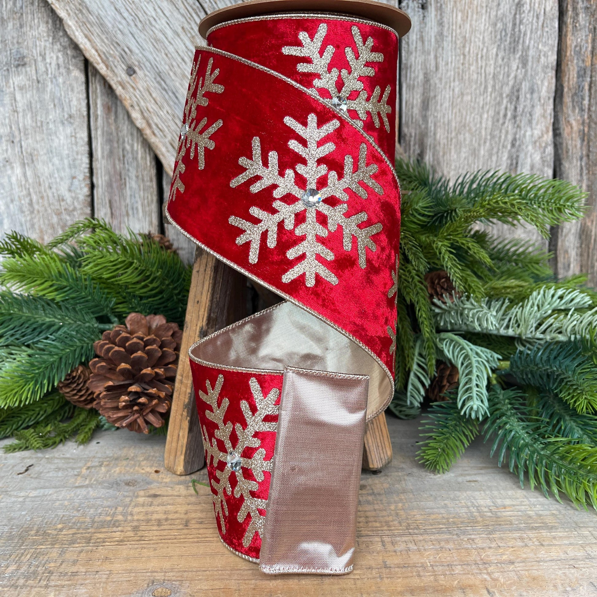 Red Velvet Snowflake Ribbon, Red Gold Ribbon, Christmas Ribbon