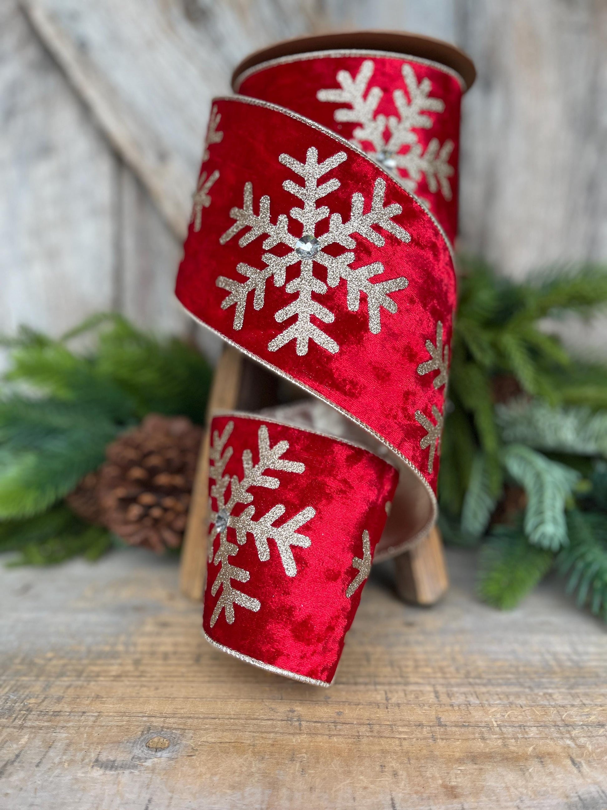 Red Velvet Snowflake Ribbon, Red Gold Ribbon, Christmas Ribbon