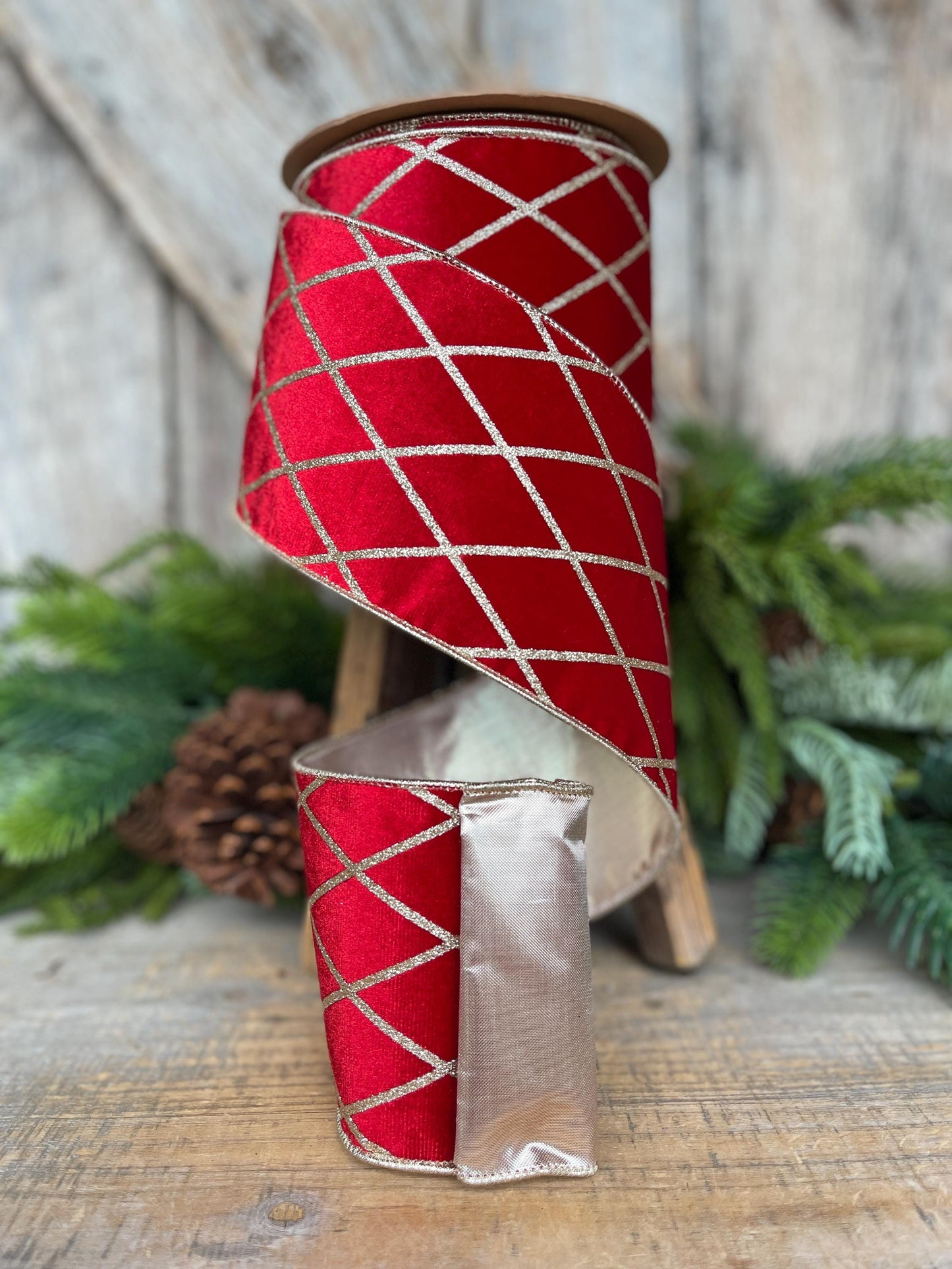 Red Velvet Wired Ribbon, Red Gold Lattice Ribbon Christmas Tree & Holiday Decor, 4" x 10yds