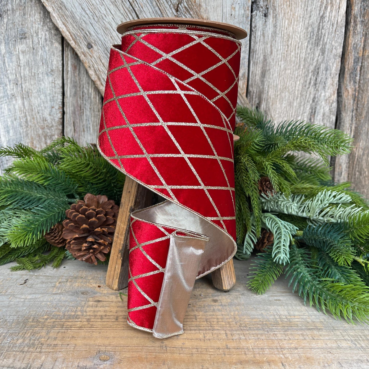 Red Velvet Wired Ribbon, Red Gold Lattice Ribbon Christmas Tree & Holiday Decor, 4" x 10yds