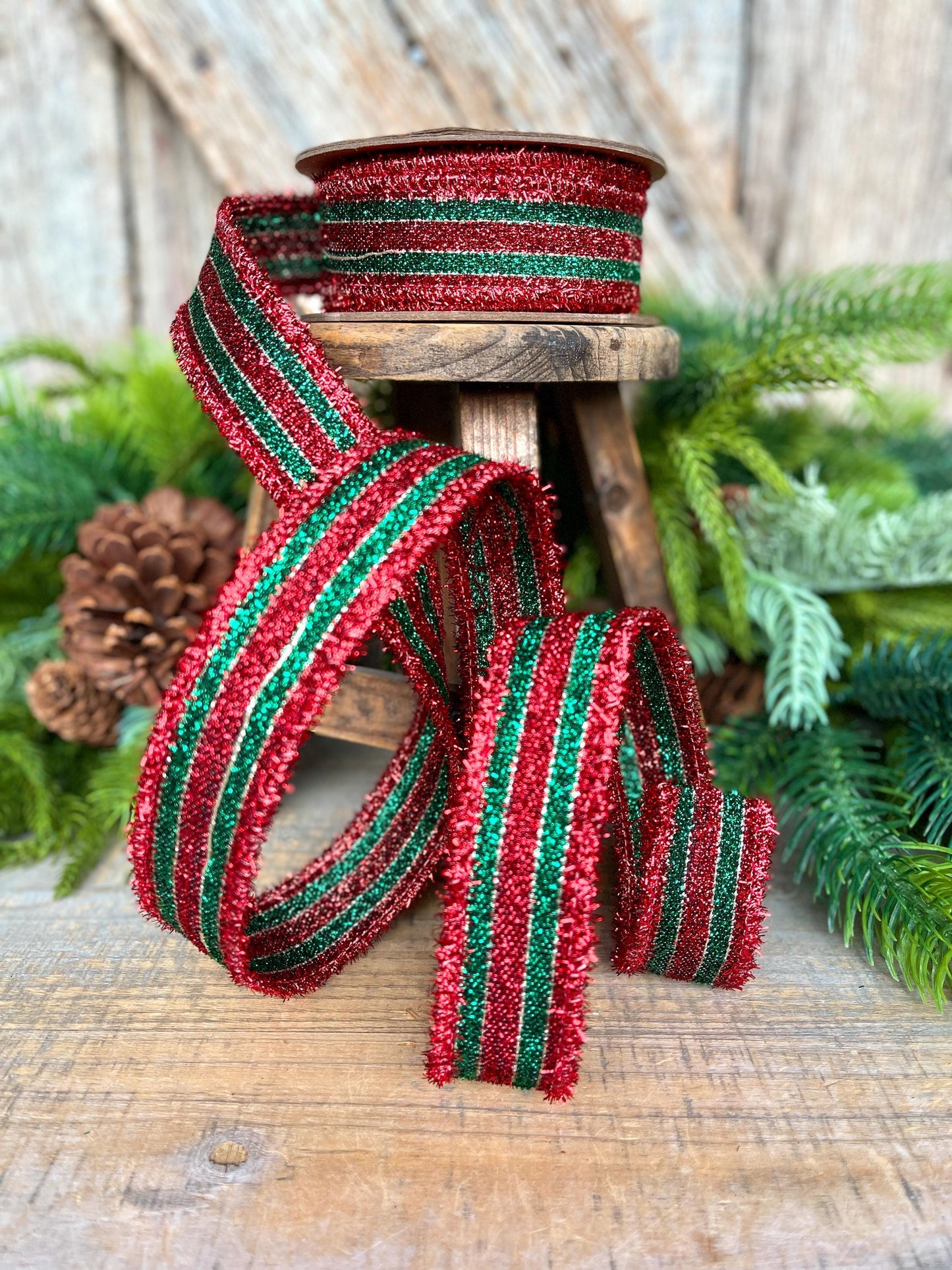 1.5" Red & Green Tinsel Ribbon, Christmas Ribbon, Christmas Tree Ribbon