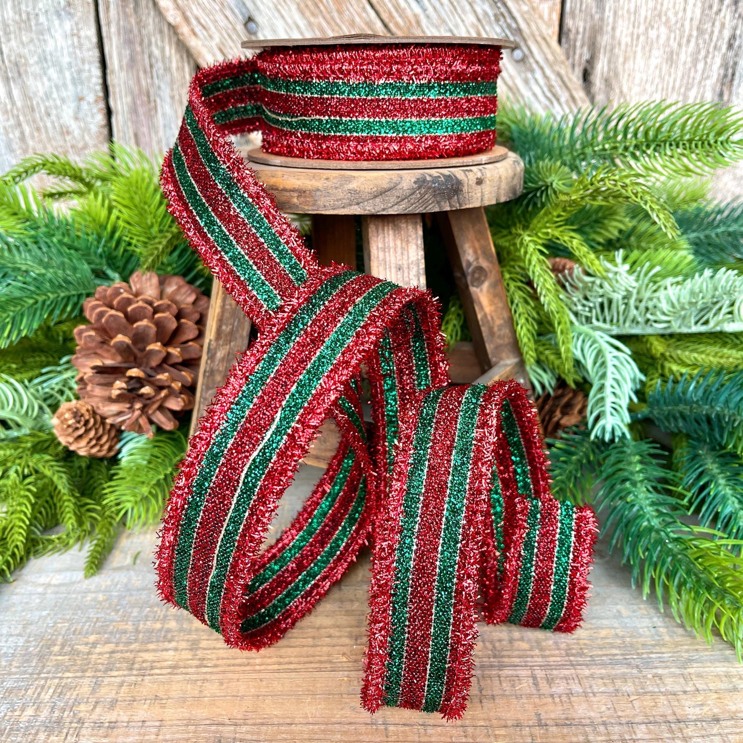 1.5" Red & Green Tinsel Ribbon, Christmas Ribbon, Christmas Tree Ribbon