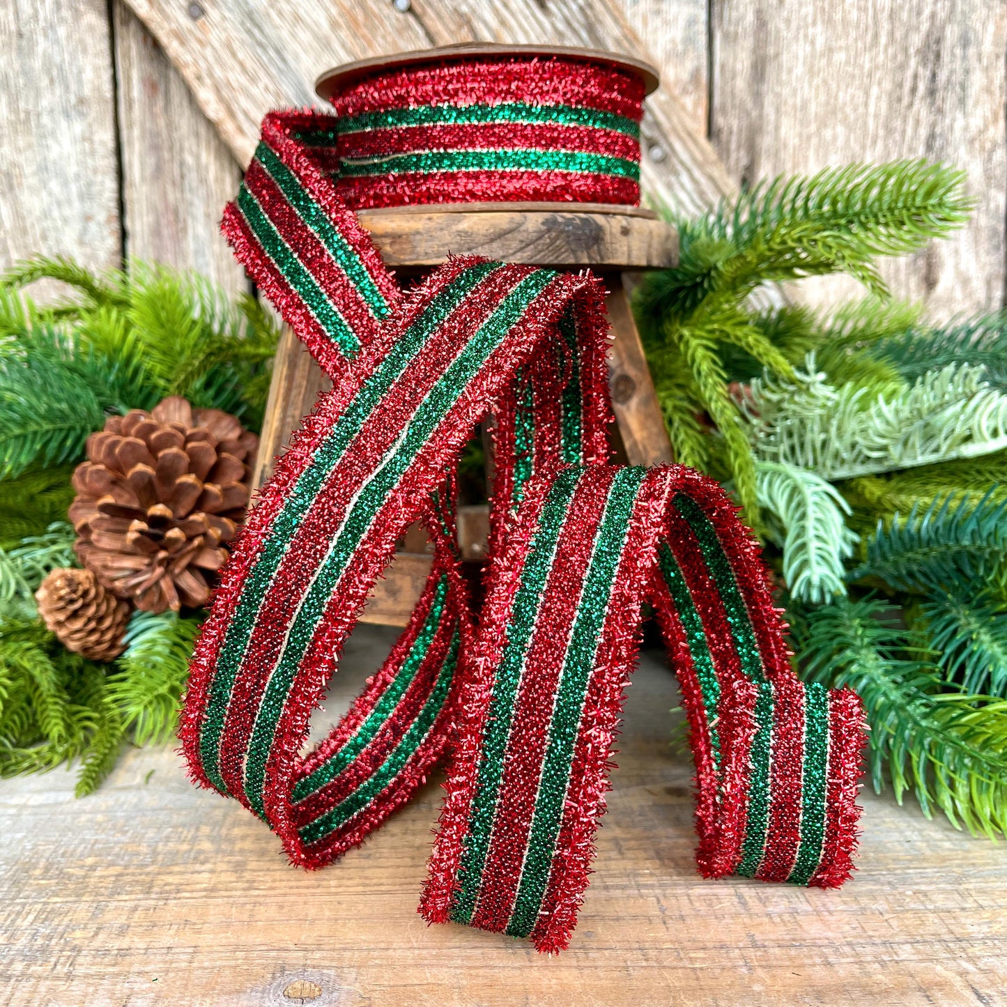 1.5" Red & Green Tinsel Ribbon, Christmas Ribbon, Christmas Tree Ribbon