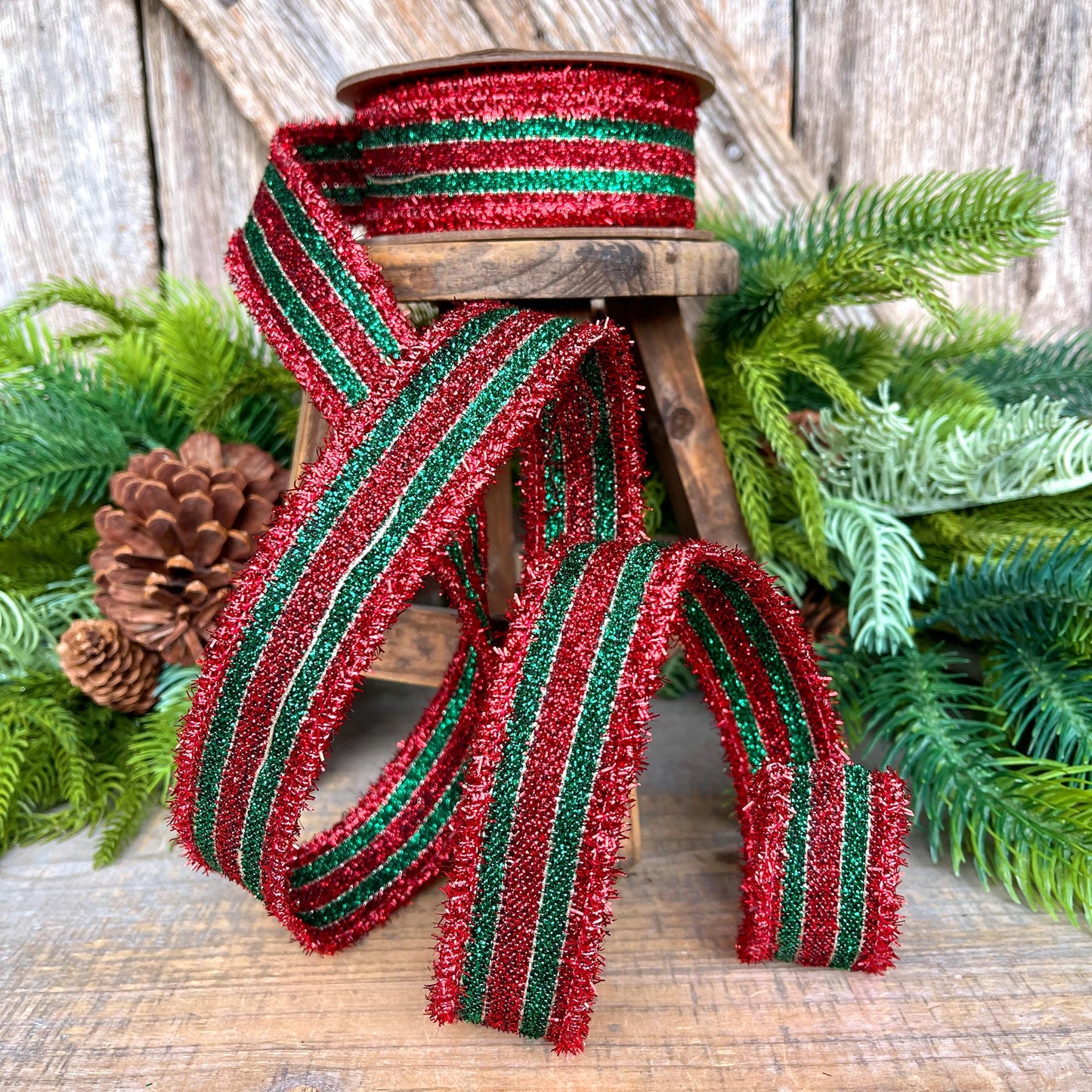1.5" Red & Green Tinsel Ribbon, Christmas Ribbon, Christmas Tree Ribbon