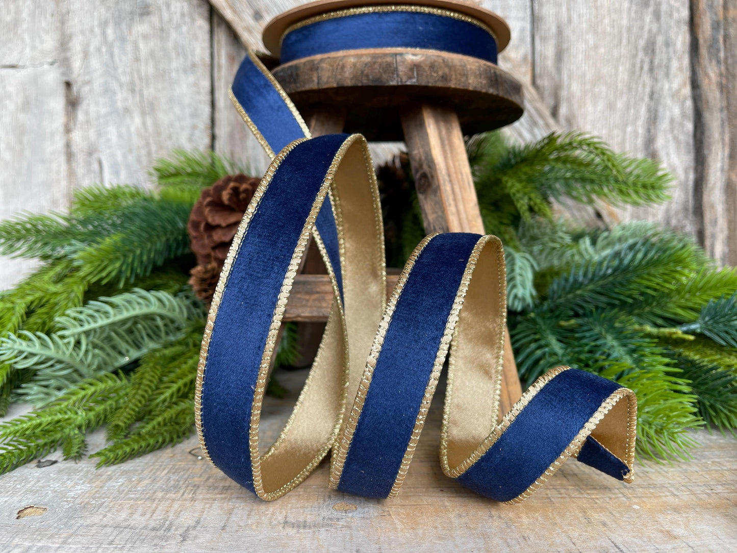 1" Navy Blue Velvet Ribbon, Navy Velvet Ribbon, Wired Ribbon