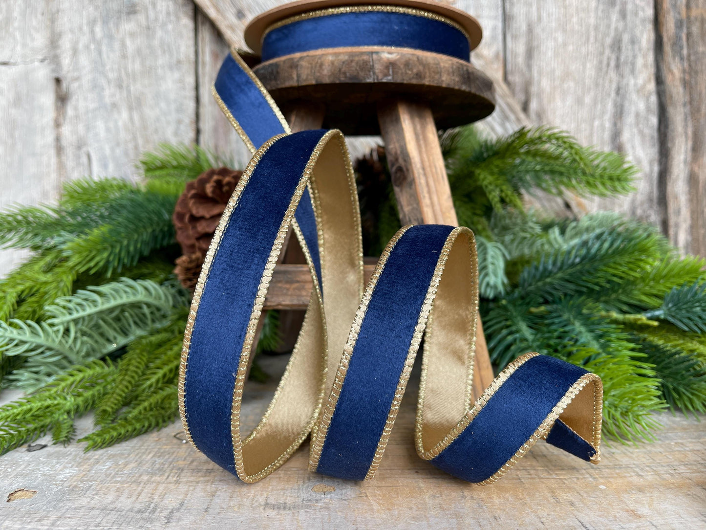 1" Navy Blue Velvet Ribbon, Navy Velvet Ribbon, Wired Ribbon