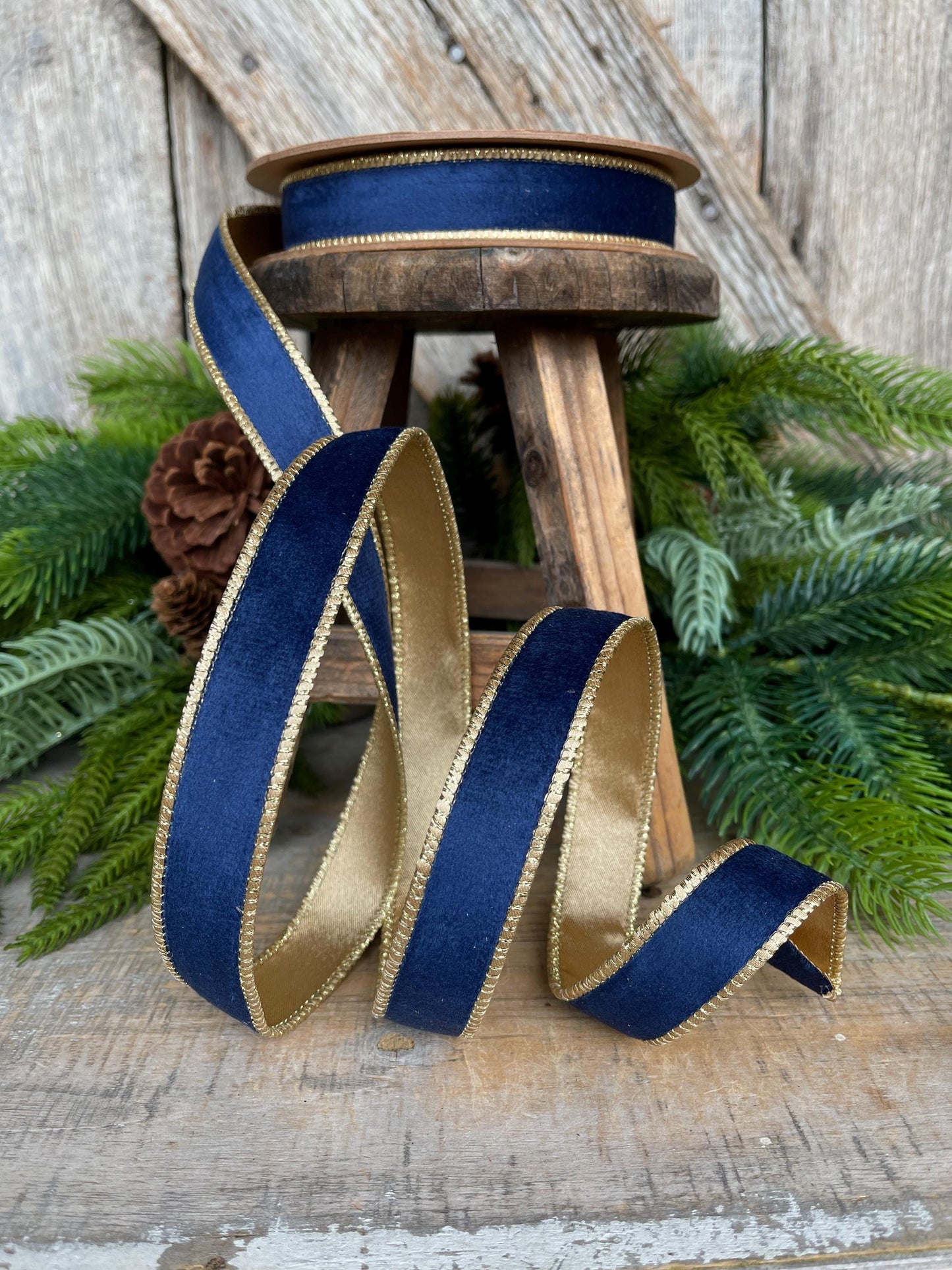 1" Navy Blue Velvet Ribbon, Navy Velvet Ribbon, Wired Ribbon