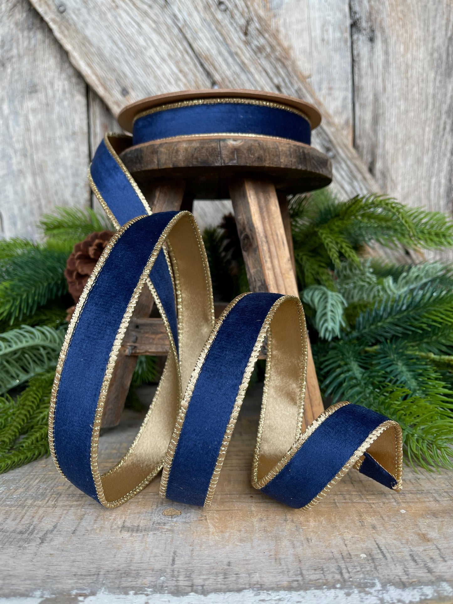 1" Navy Blue Velvet Ribbon, Navy Velvet Ribbon, Wired Ribbon