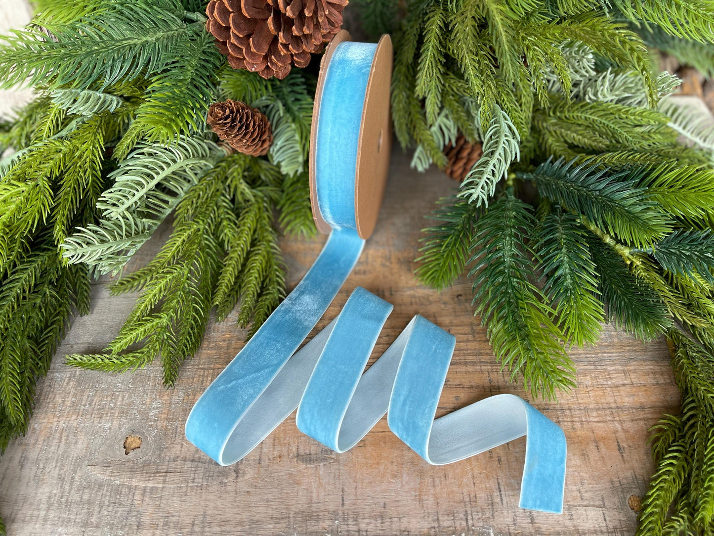 1” Light Blue Velvet Ribbon, Unwired Ribbon, Christmas ribbon, French Blue Velvet Ribbon, Sky Blue Velvet Ribbon