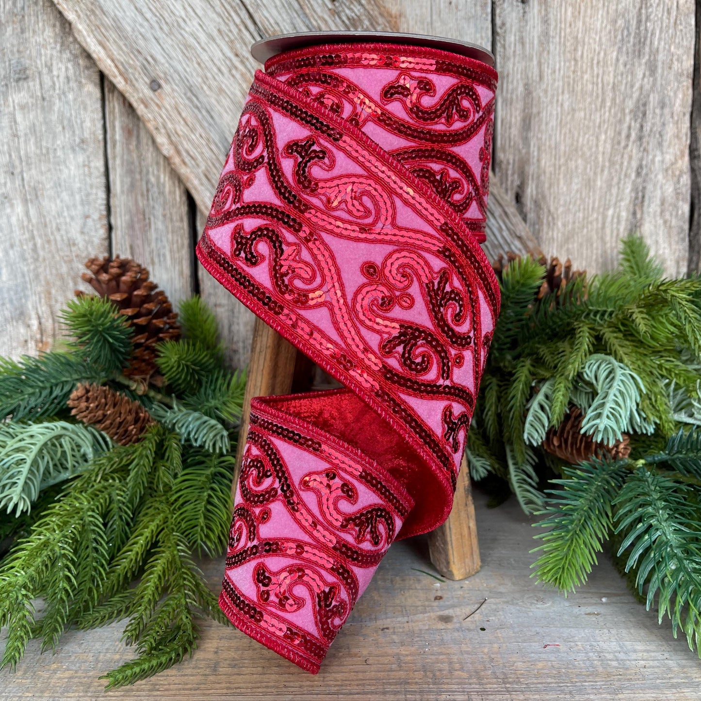 Hot Pink Sequin Ribbon: 4" Wired Christmas Tree Ribbon