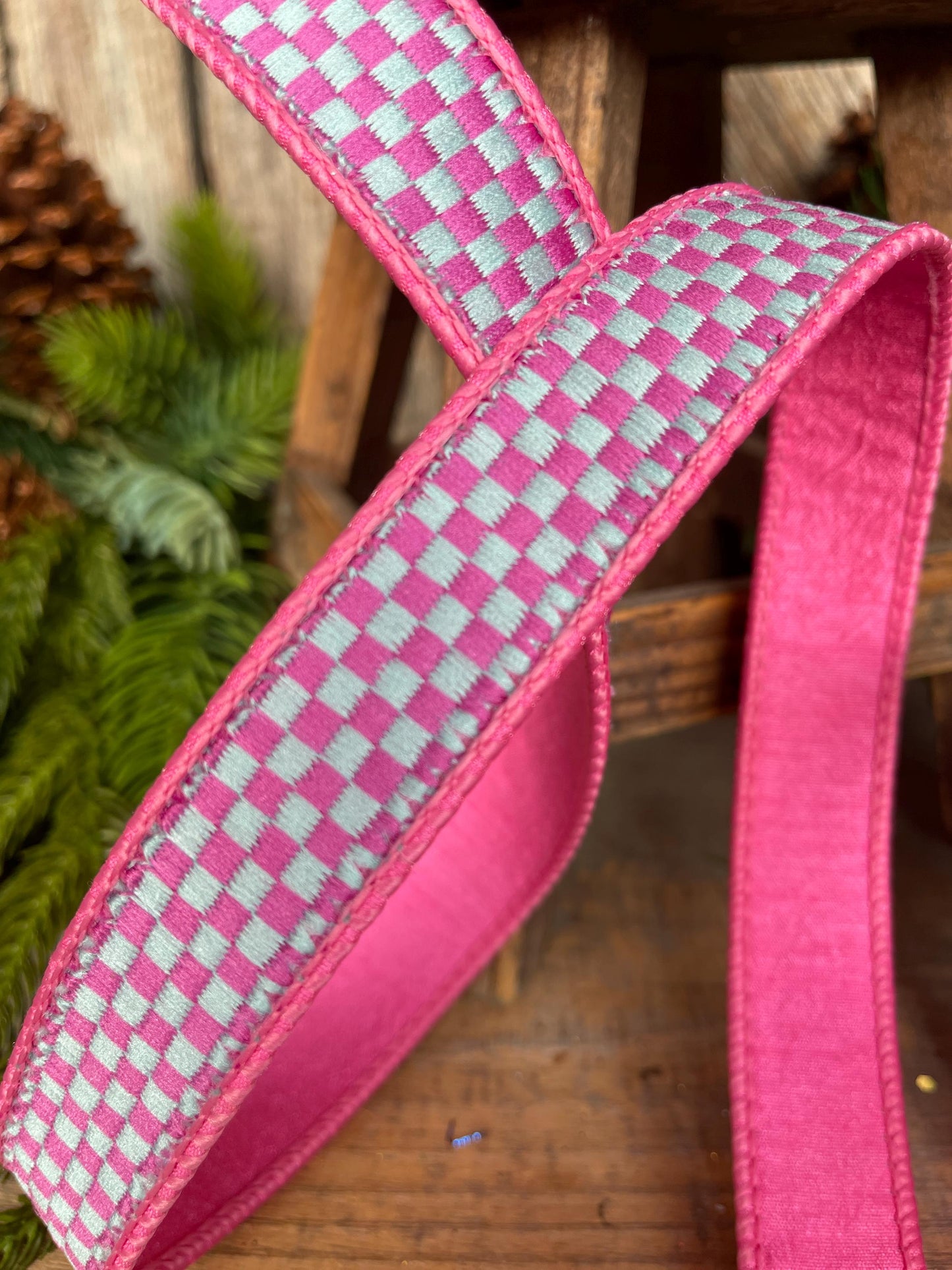 Pink Spearmint Check Ribbon: 1" Farrisilk Kitschy Christmas Ribbon