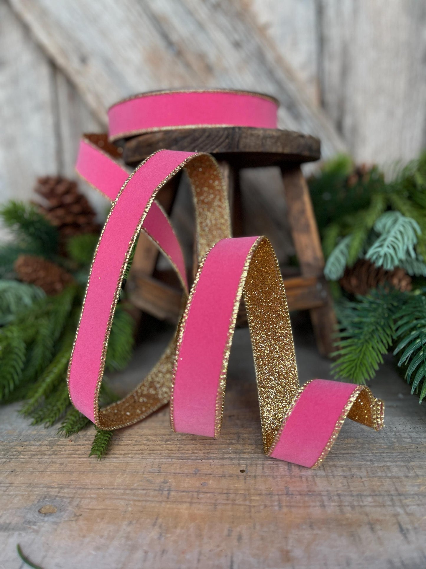 1" Bubblegum Pink & Gold Ribbon, Farrisilk Ribbon, Pink Gold Gleam Ribbon, RS203-74