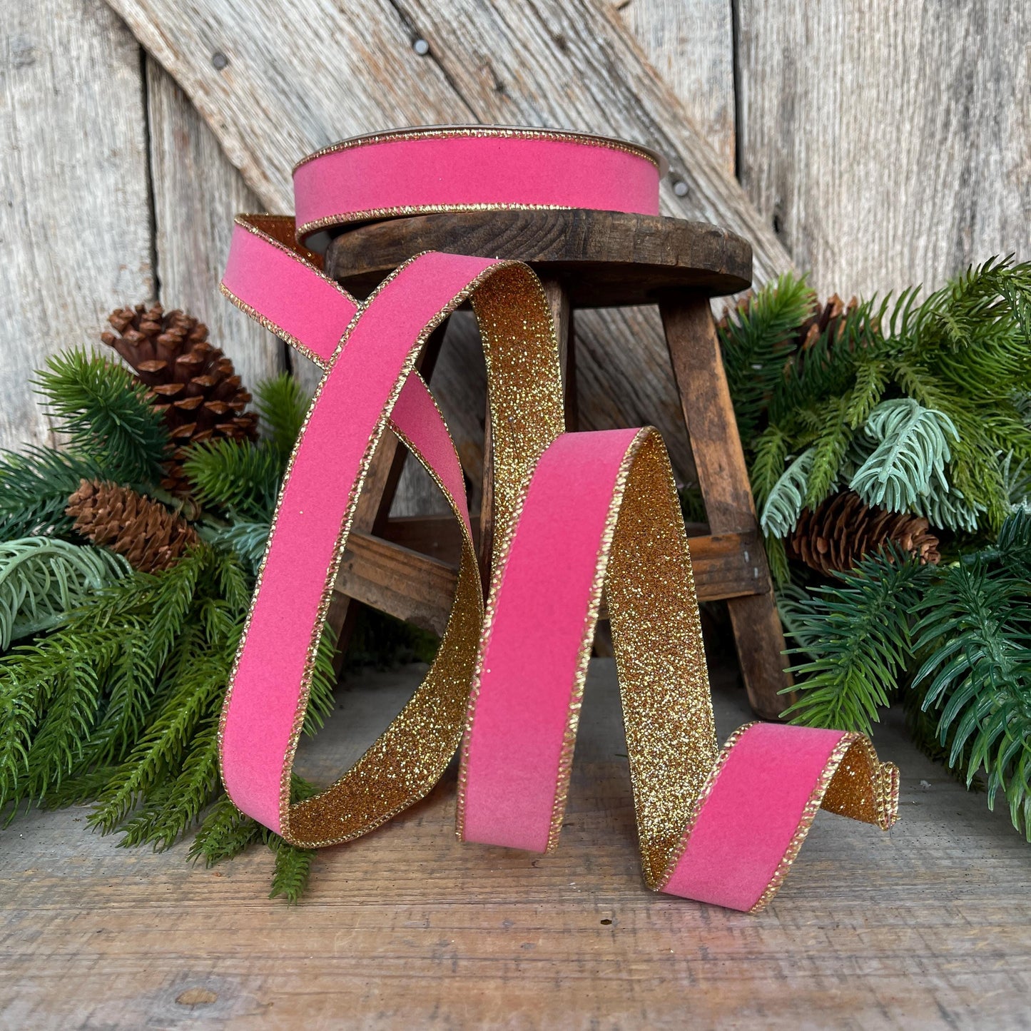 1" Bubblegum Pink & Gold Ribbon, Farrisilk Ribbon, Pink Gold Gleam Ribbon, RS203-74