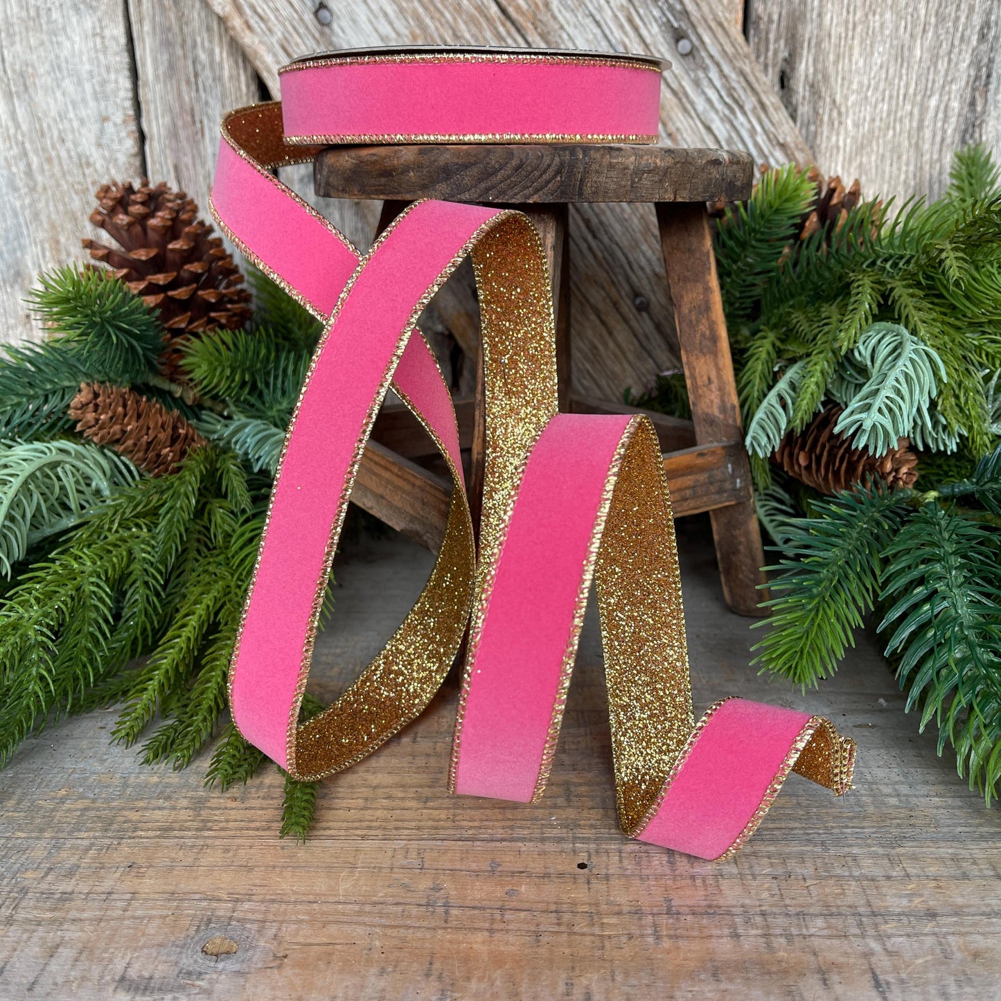 1" Bubblegum Pink & Gold Ribbon, Farrisilk Ribbon, Pink Gold Gleam Ribbon, RS203-74