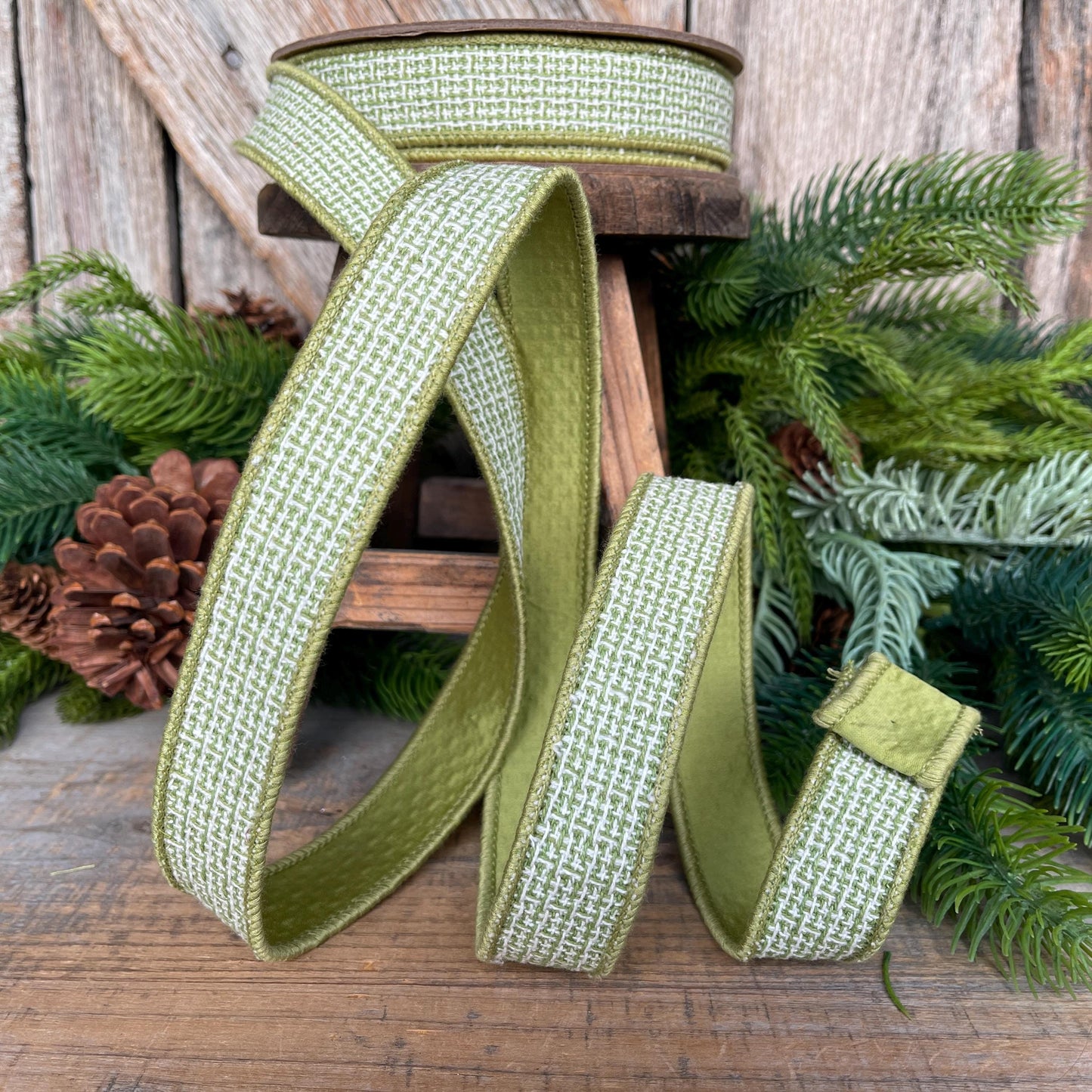 1" Moss Green Textured Ribbon, Green Ribbon, Christmas Ribbon