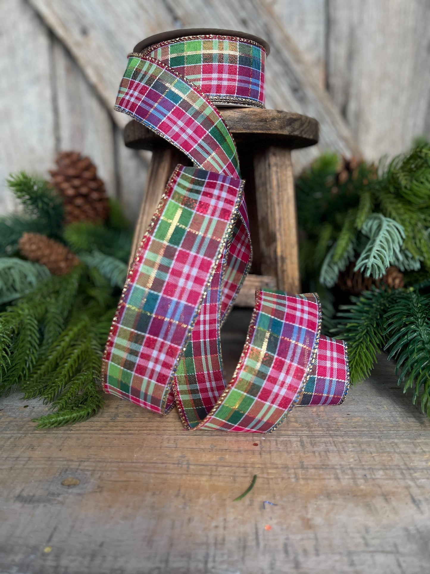 1.5" Pink Christmas Plaid Ribbon, Bright Christmas Plaid Ribbon, Pink Blue Christmas Plaid Ribbon