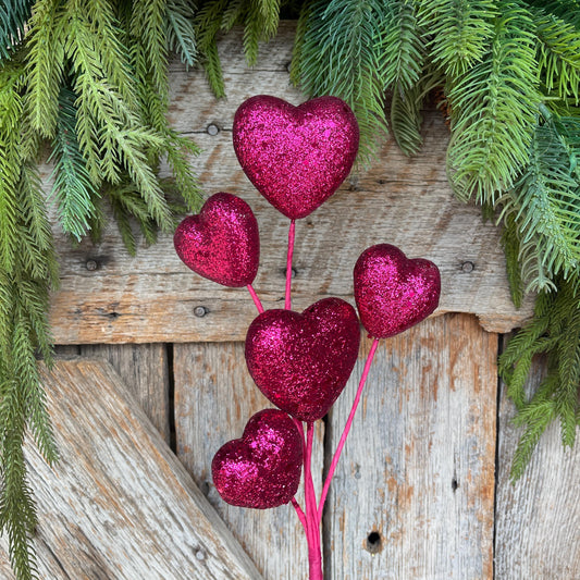 19" Hot Pink Heart Spray, Valentine's Heart Stem, Valentine Spray