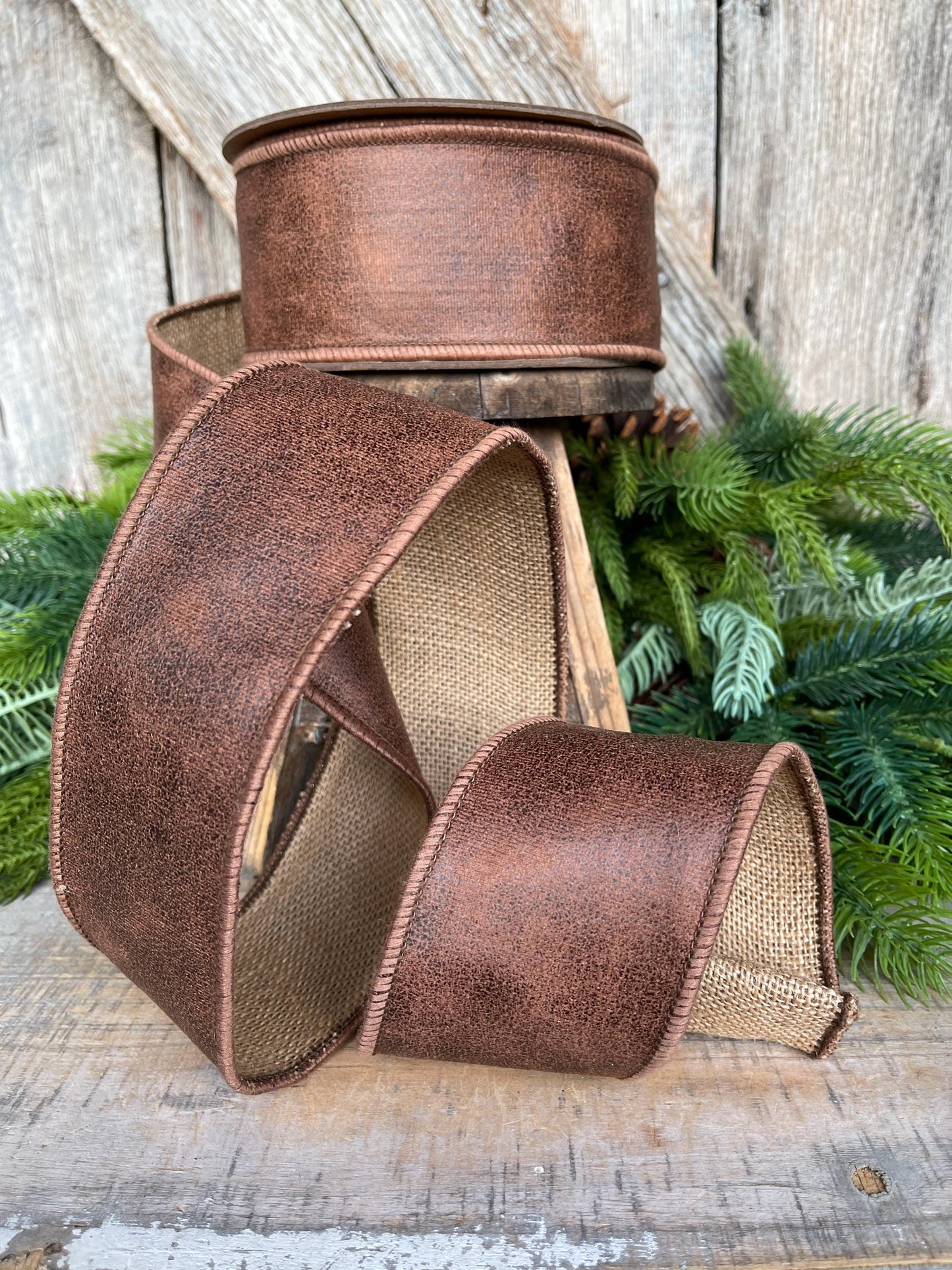 2.5" Brown Leather Ribbon, Wired Ribbon, Rustic Ribbon, Christmas Ribbon, Faux Leather Ribbon