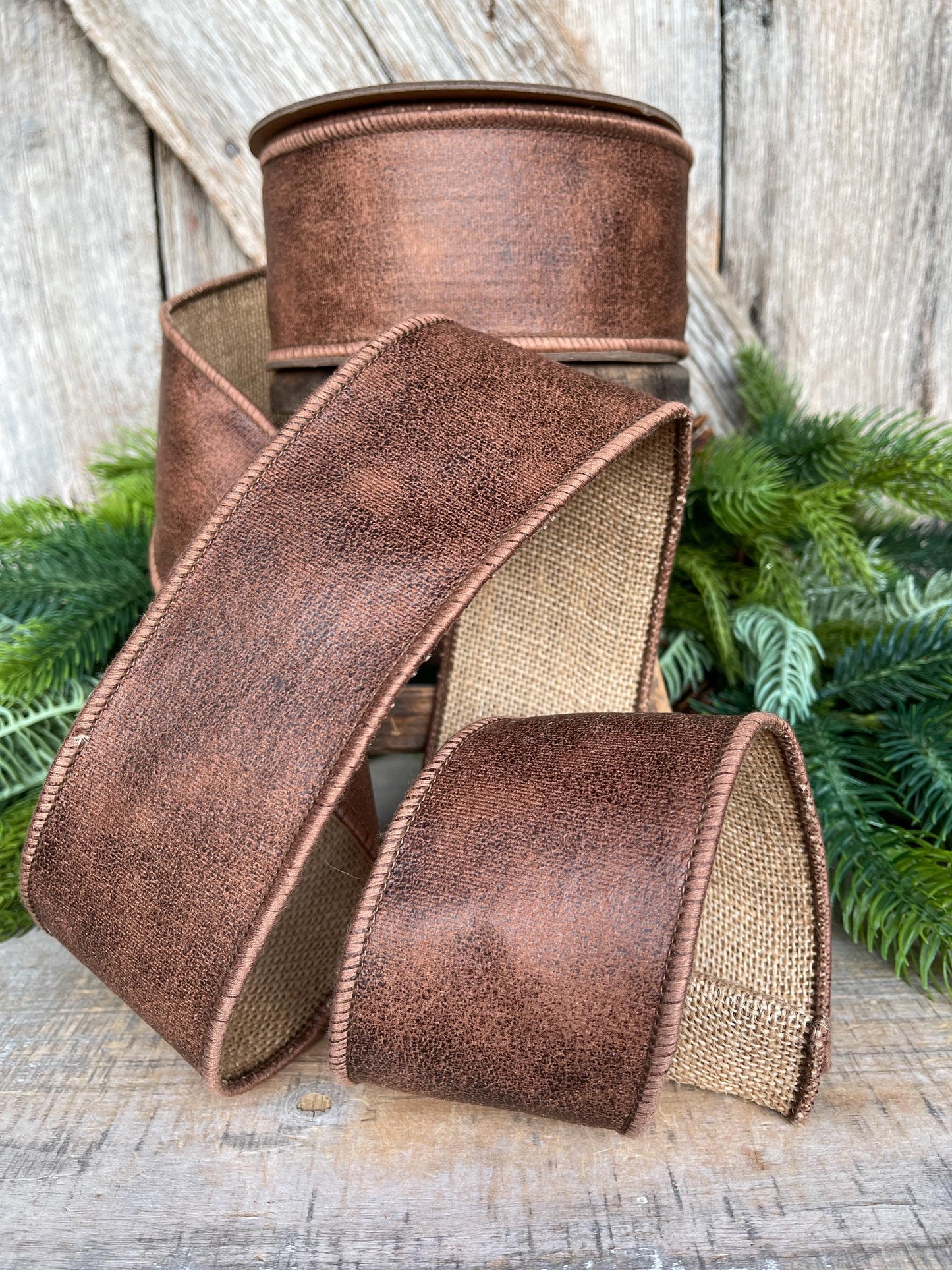 2.5" Brown Leather Ribbon, Wired Ribbon, Rustic Ribbon, Christmas Ribbon, Faux Leather Ribbon