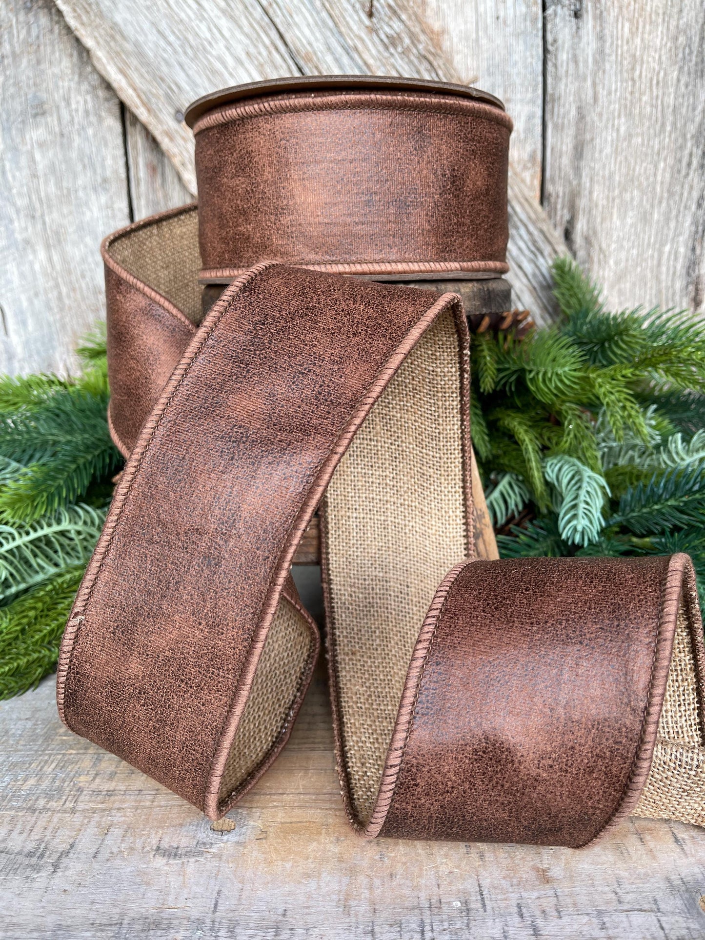 2.5" Brown Leather Ribbon, Wired Ribbon, Rustic Ribbon, Christmas Ribbon, Faux Leather Ribbon